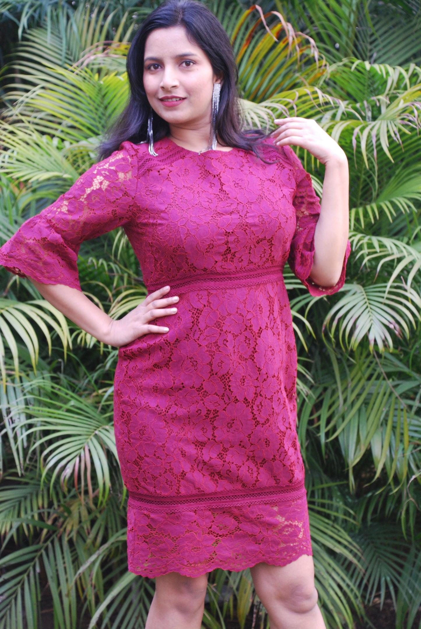 Women Empire Waist Lace Fabric Maroon Dress