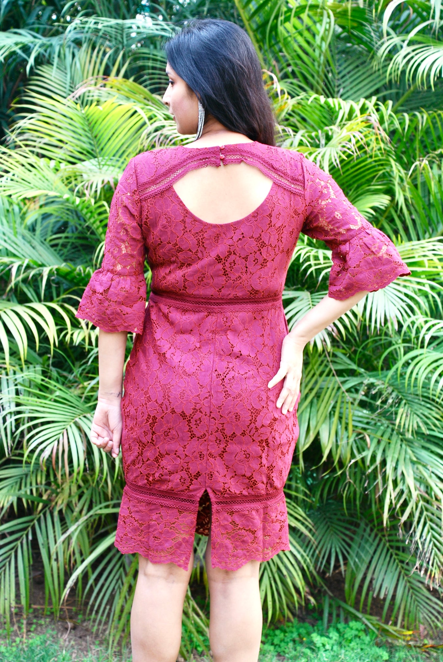 Women Empire Waist Lace Fabric Maroon Dress