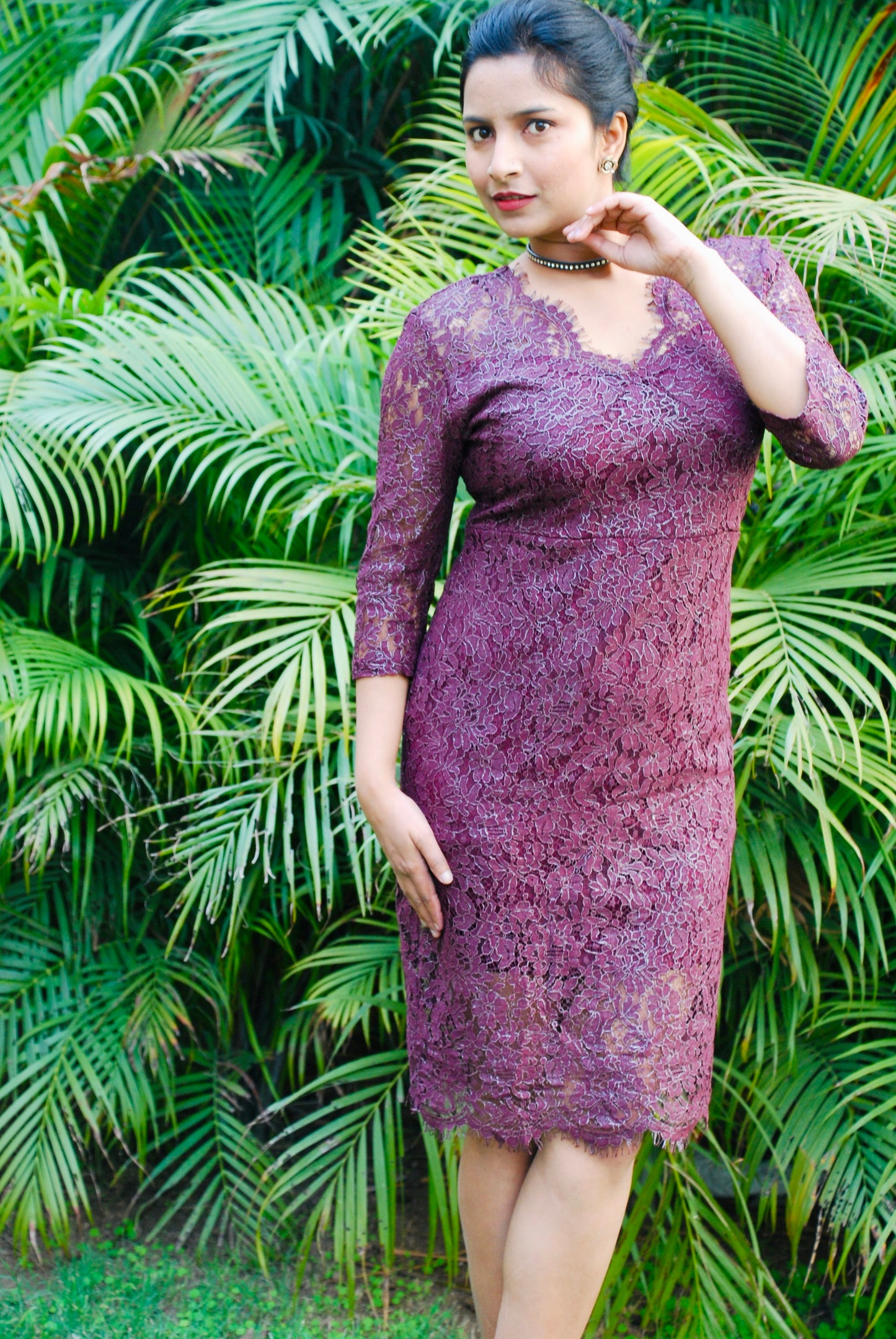 Women Wine Color Lace Fabric Empire Waist Line Designer Dress