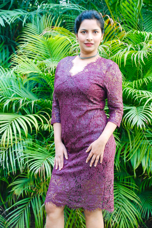 Women Wine Color Lace Fabric Empire Waist Line Designer Dress