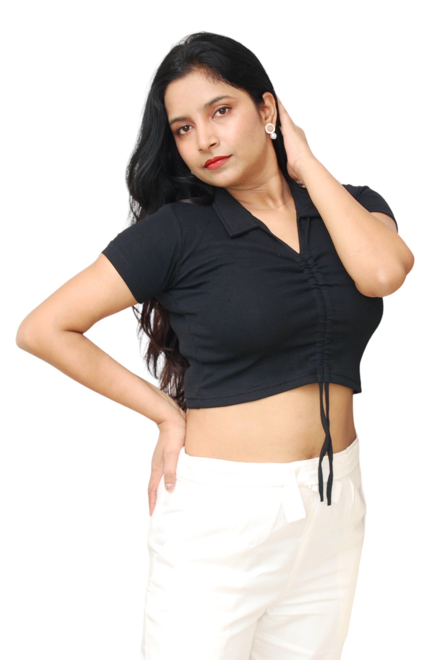 Black Color Front Ruched Ribbed Fabric Crop Top.