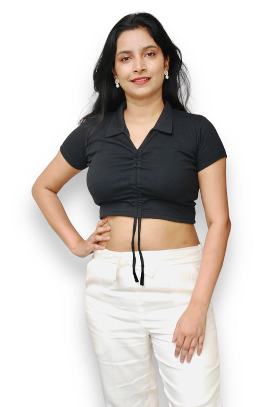 Black Color Front Ruched Ribbed Fabric Crop Top.