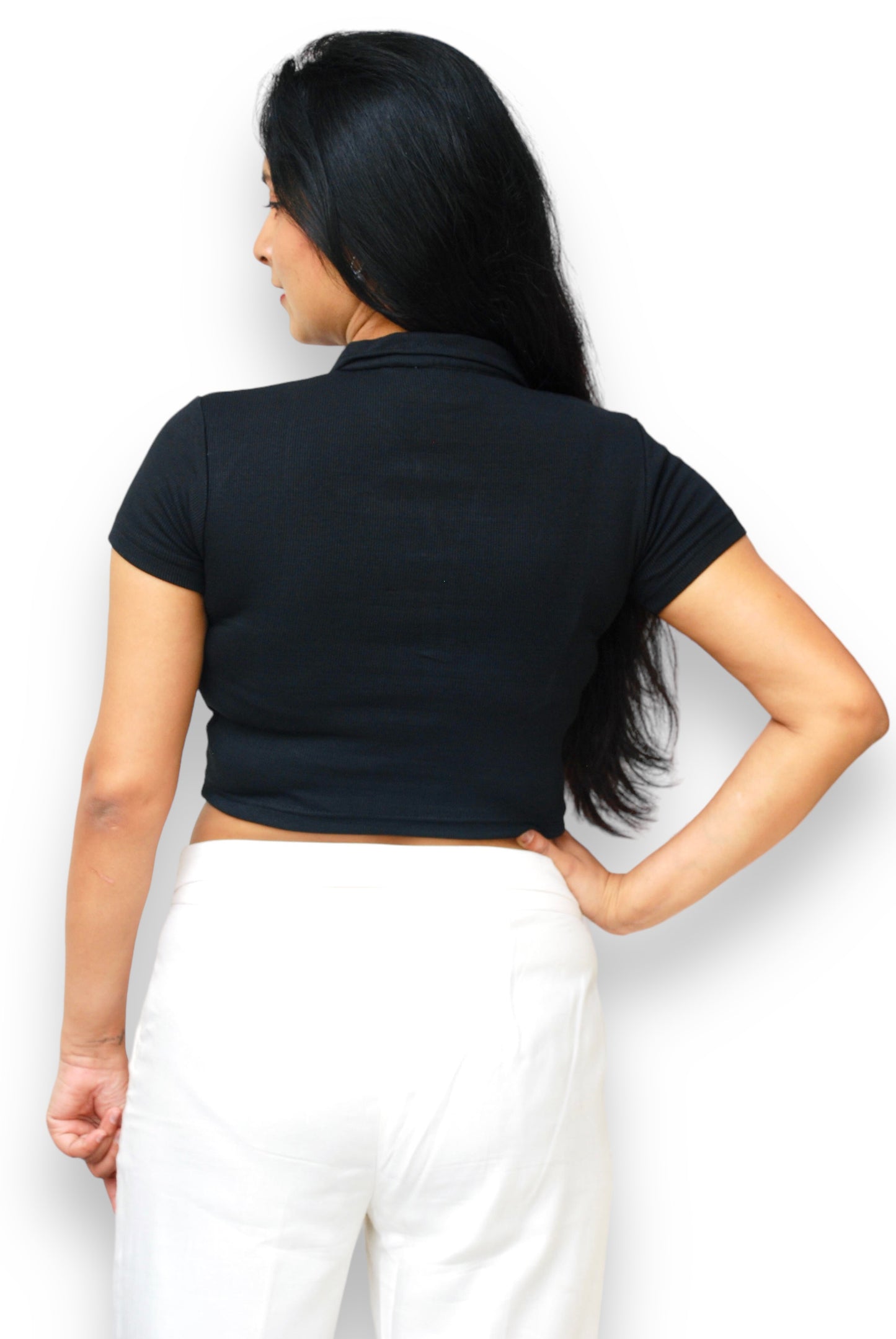 Black Color Front Ruched Ribbed Fabric Crop Top.