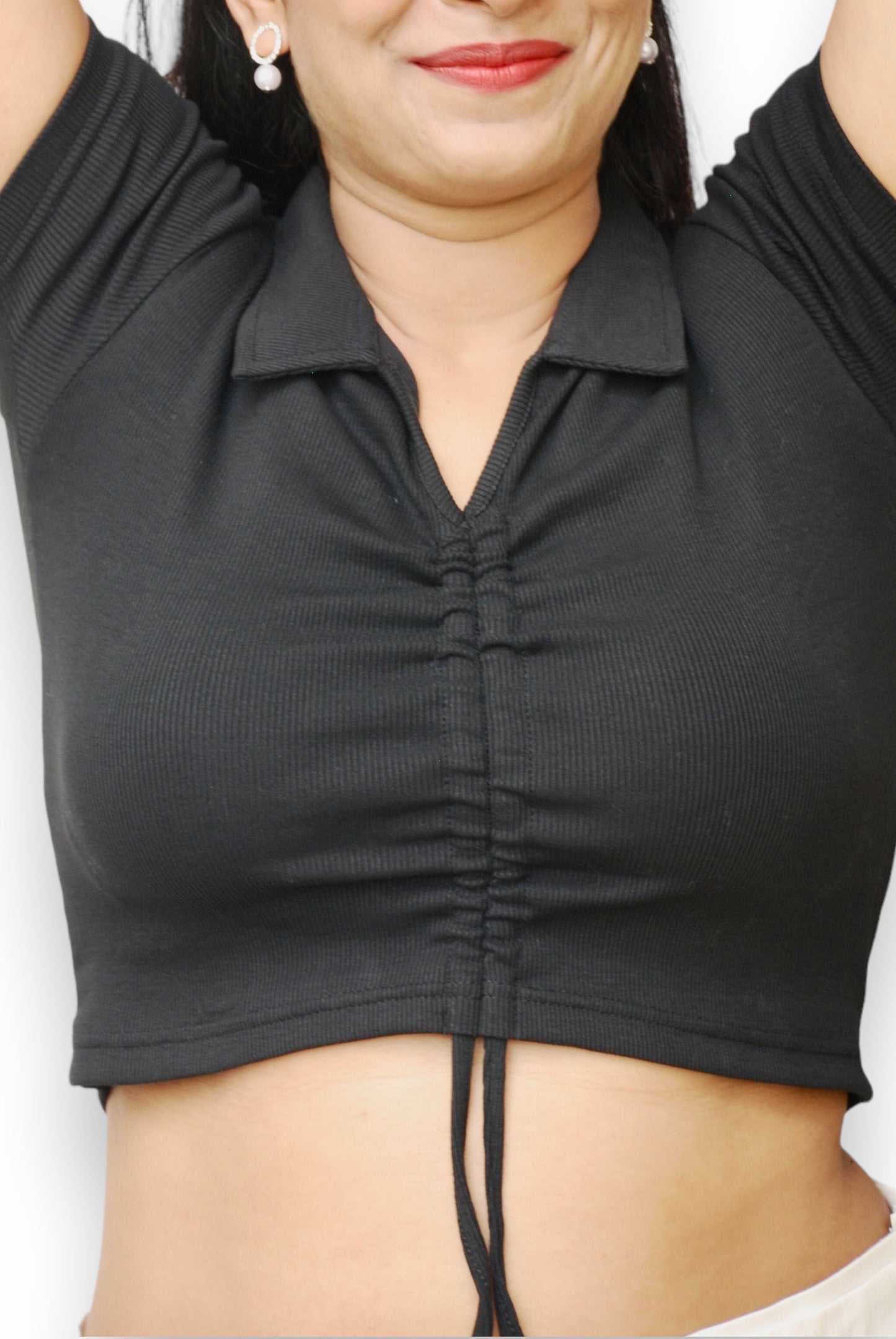 Black Color Front Ruched Ribbed Fabric Crop Top.