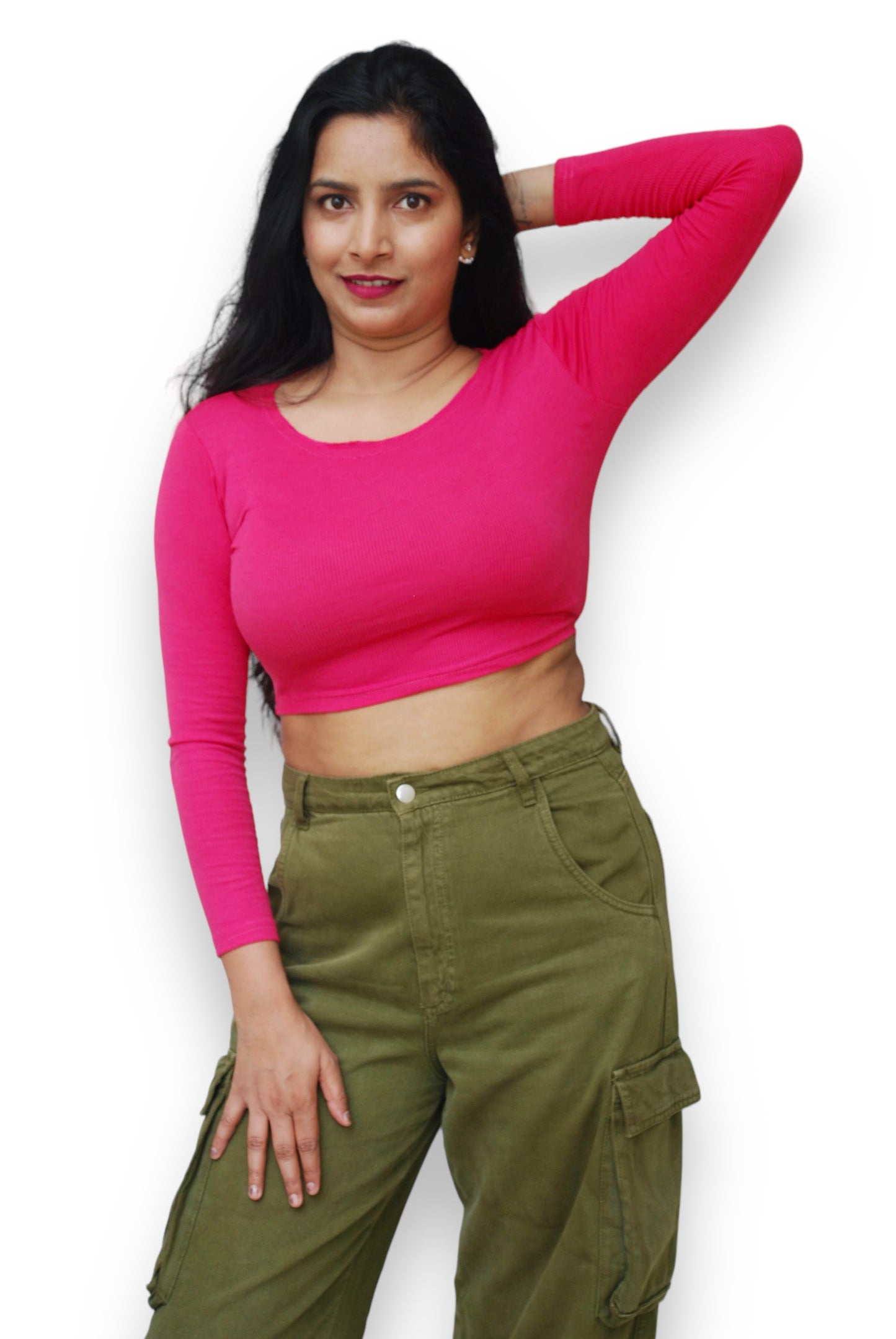 Fuchsia Pink Color Full Sleeve Stretchable Crop Top