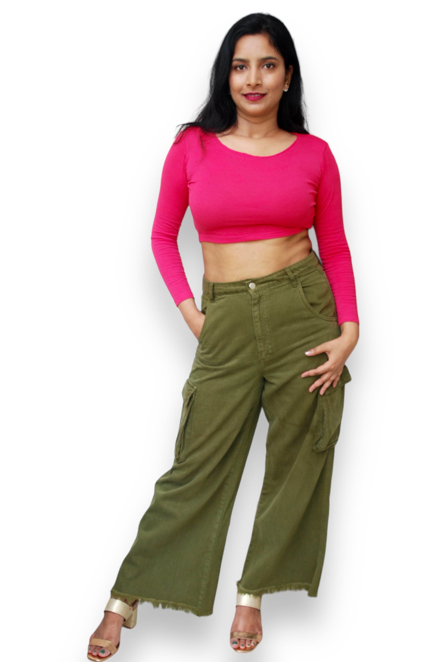 Fuchsia Pink Color Full Sleeve Stretchable Crop Top