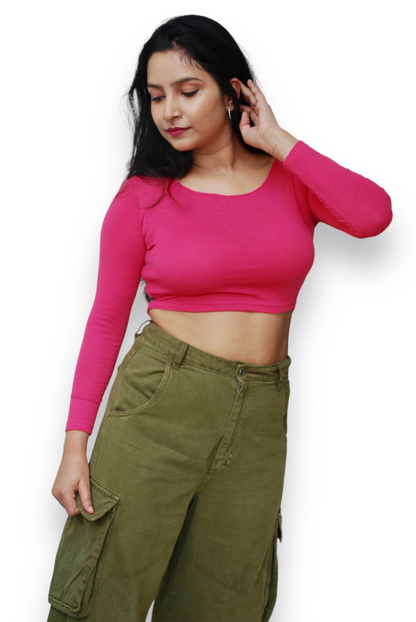 Fuchsia Pink Color Full Sleeve Stretchable Crop Top