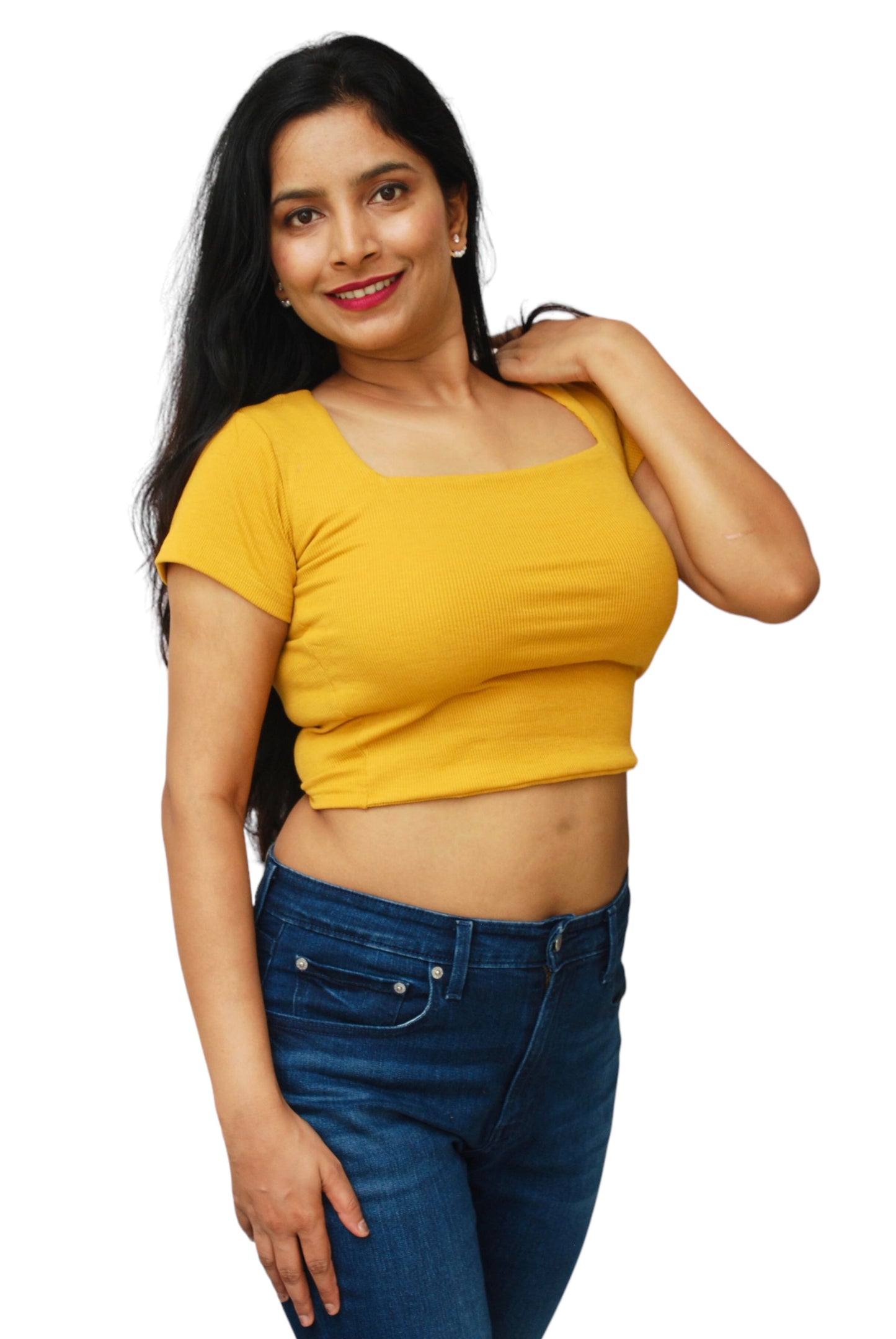 Women Mustard Yellow Color Square Neck Crop Top