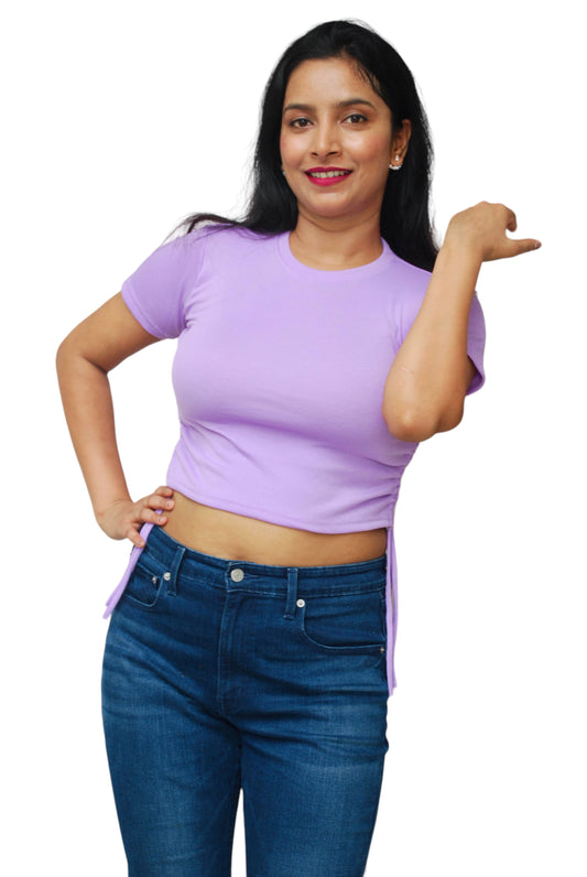 Women Lavender Color Side Ruched Ribbed Fabric Crop Top