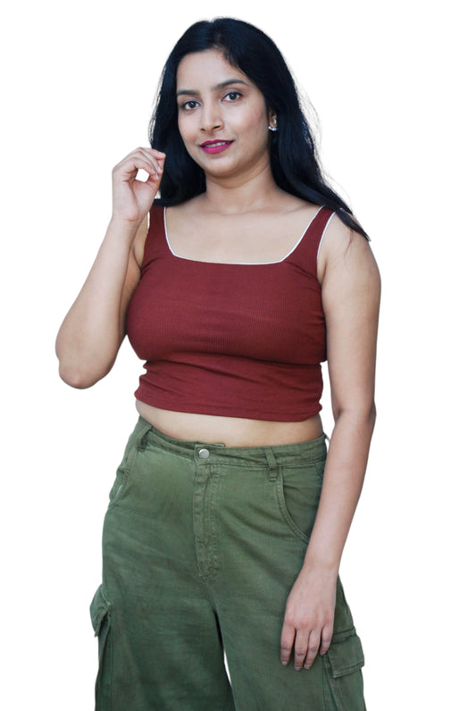 Women Maroon Color Square Neck Crop Top