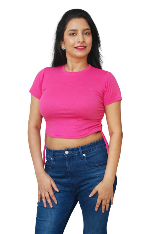 Women Fuchsia Pink Color Side Ruched Ribbed Fabric Crop Top