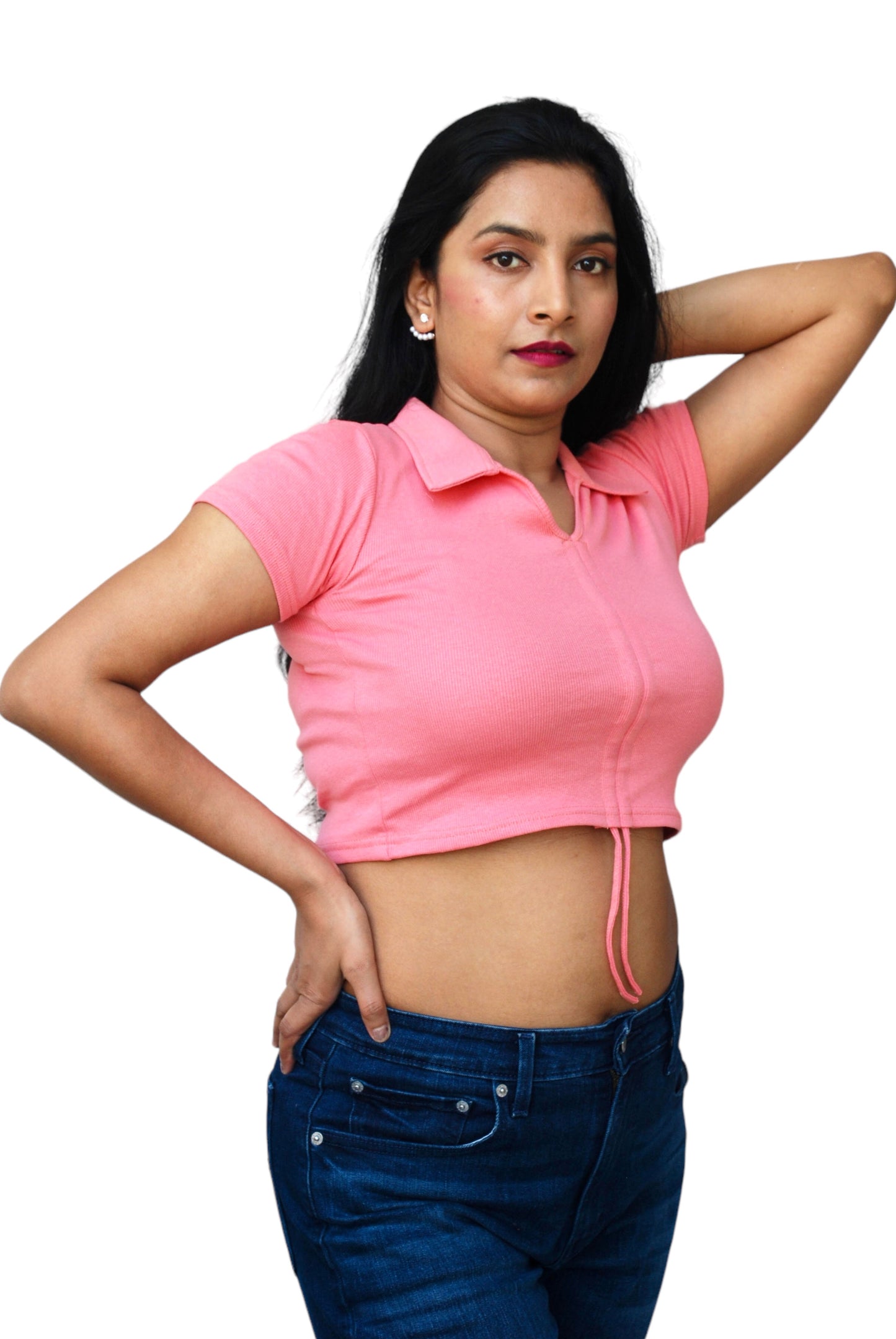 Pink Color Front Ruched Ribbed Fabric Crop Top