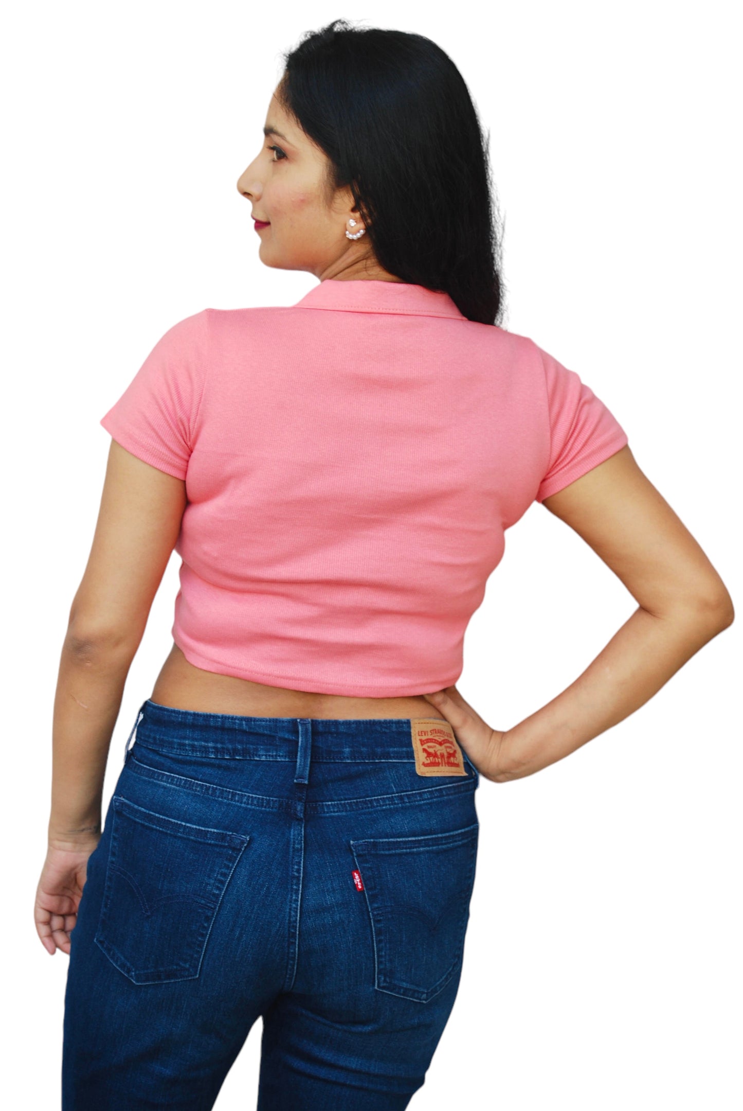 Pink Color Front Ruched Ribbed Fabric Crop Top