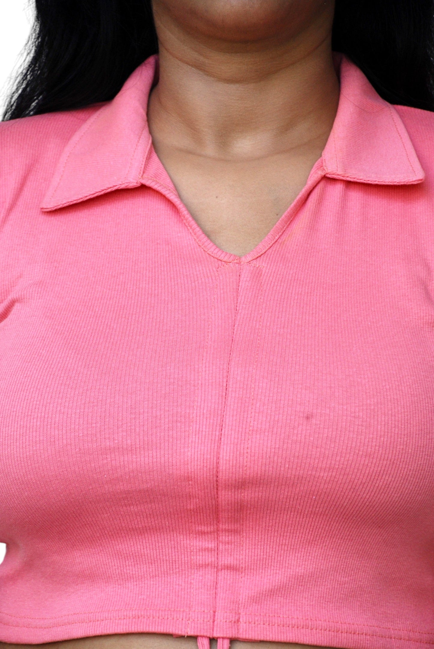 Pink Color Front Ruched Ribbed Fabric Crop Top