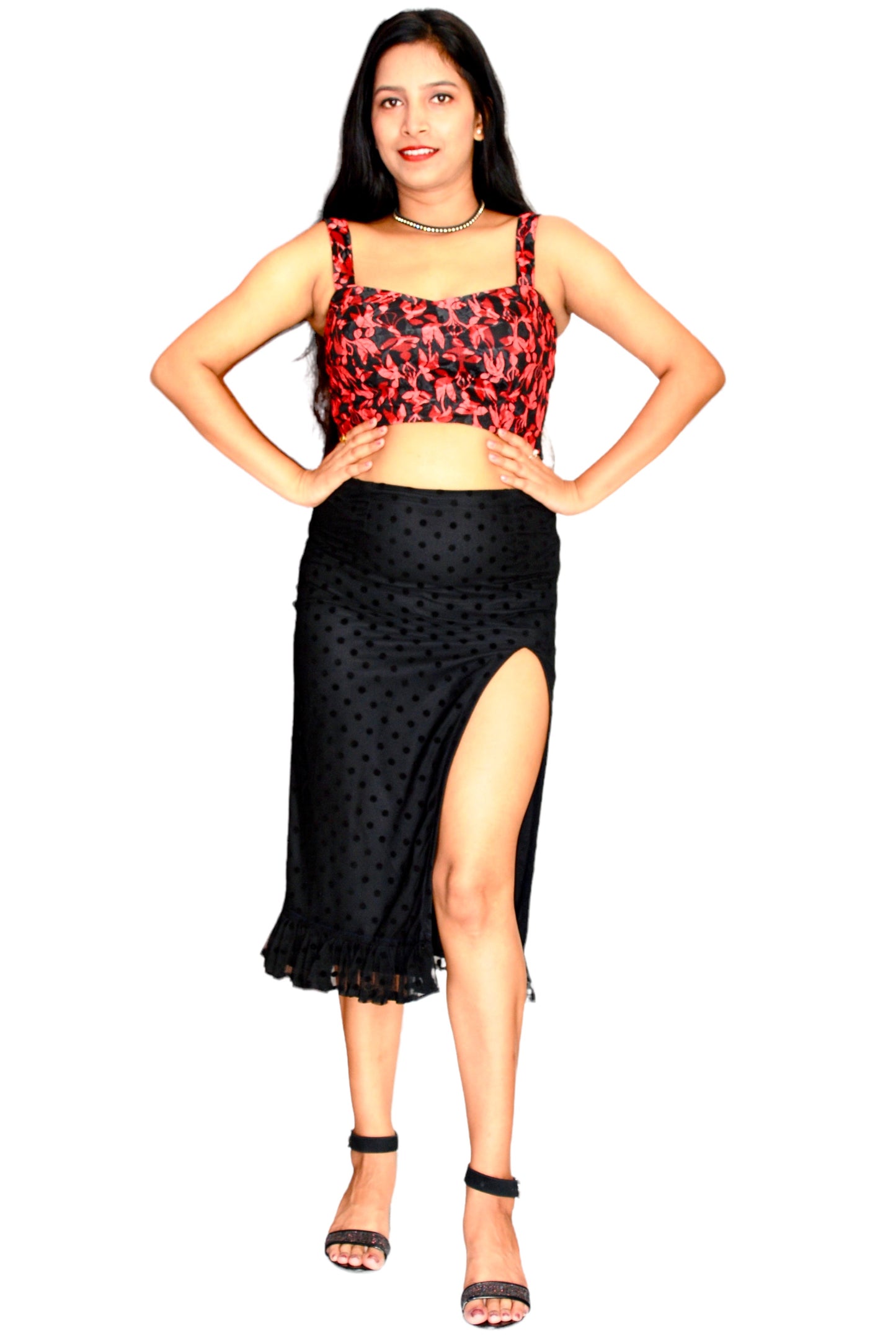 Women Mesh Fabric Side Slit Designer Co-Ord Set.