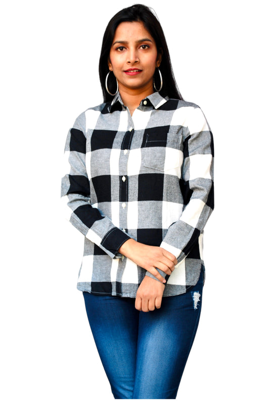 Women Regular Fit Checkered Button Down Collar Black And White Casual Shirt