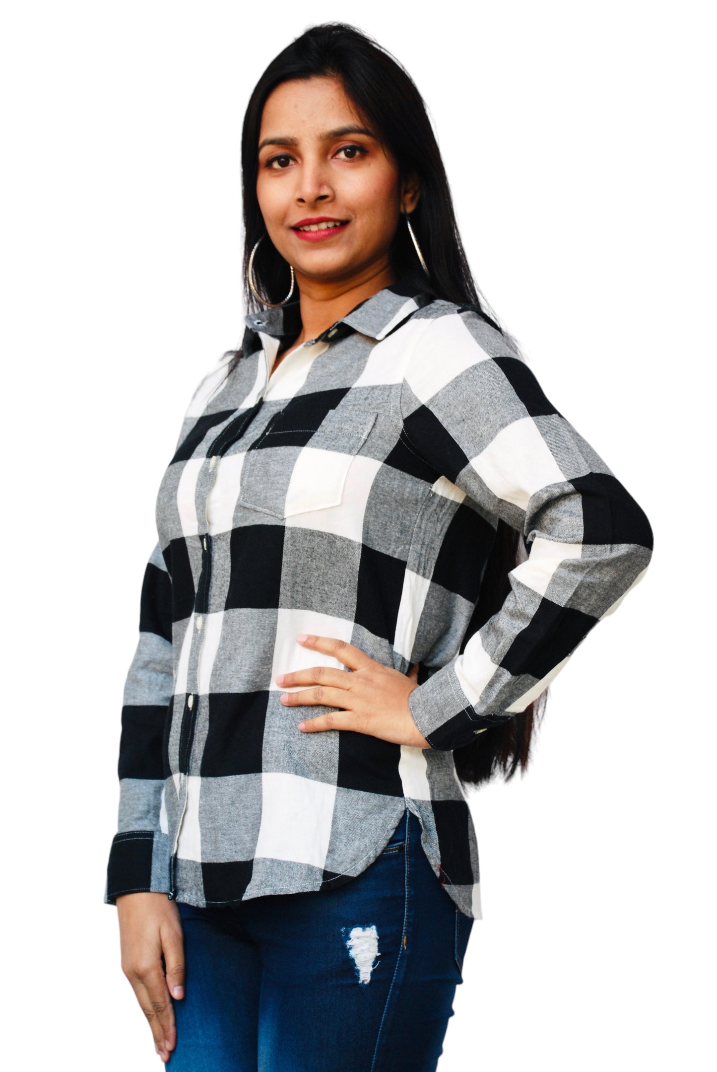 Women Regular Fit Checkered Button Down Collar Black And White Casual Shirt