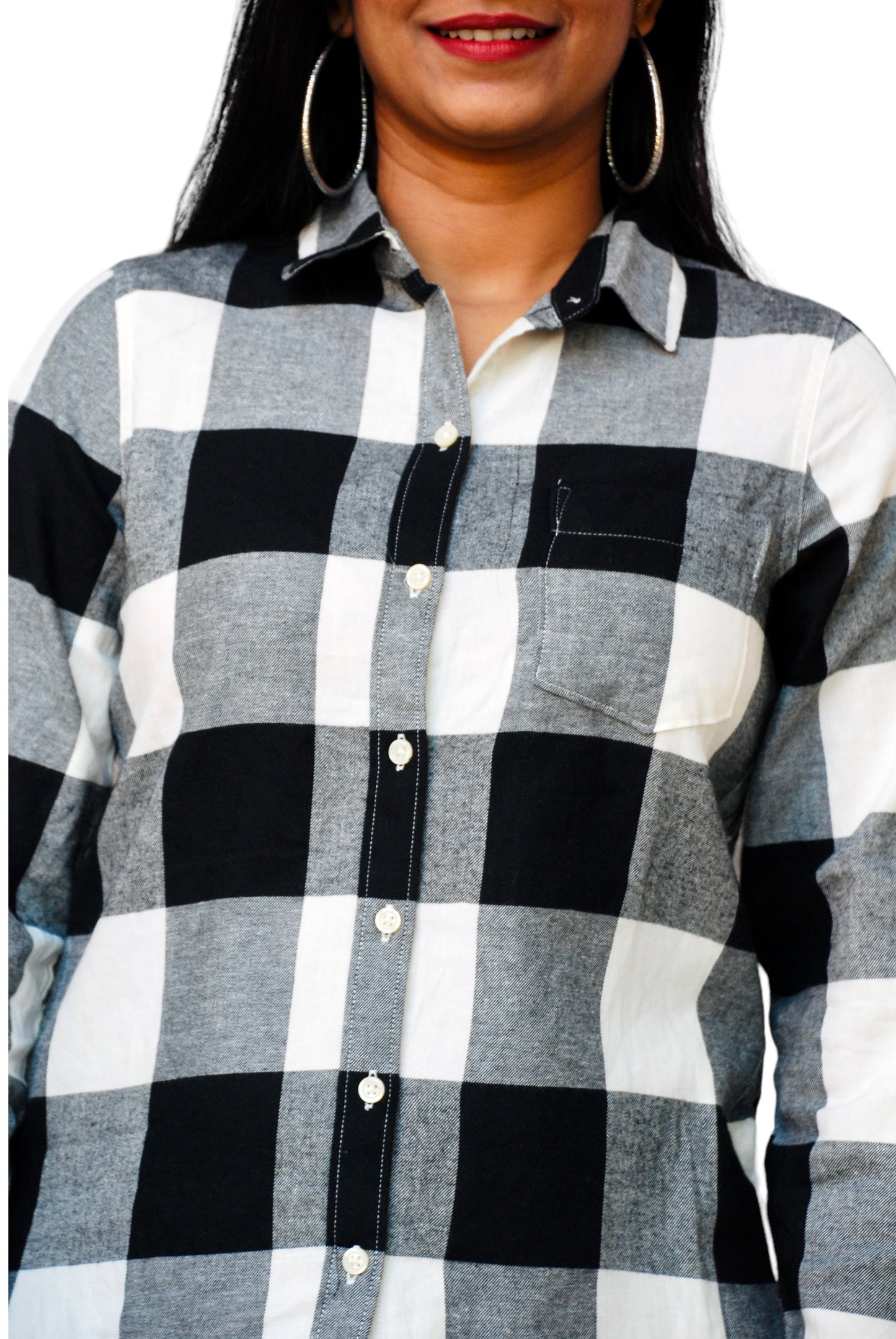 Women Regular Fit Checkered Button Down Collar Black And White Casual Shirt