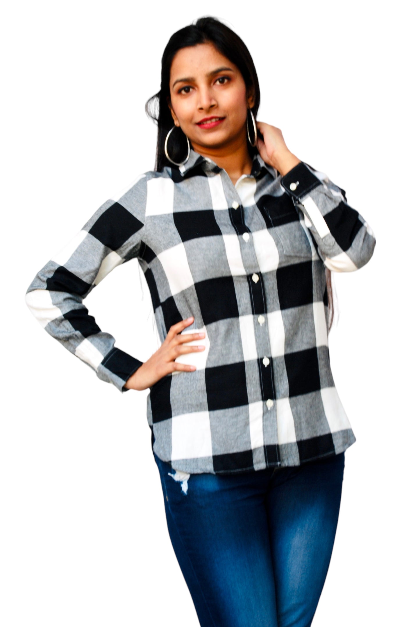 Women Regular Fit Checkered Button Down Collar Black And White Casual Shirt