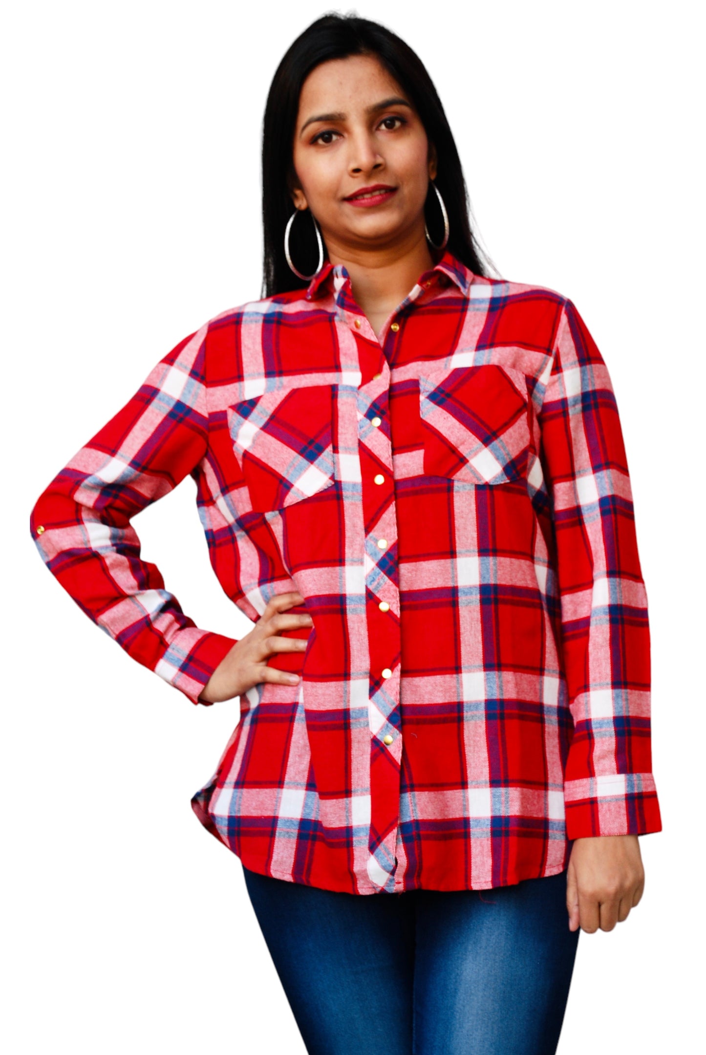 Women Regular Fit Checkered Button Down Collar Red Color Casual Shirt