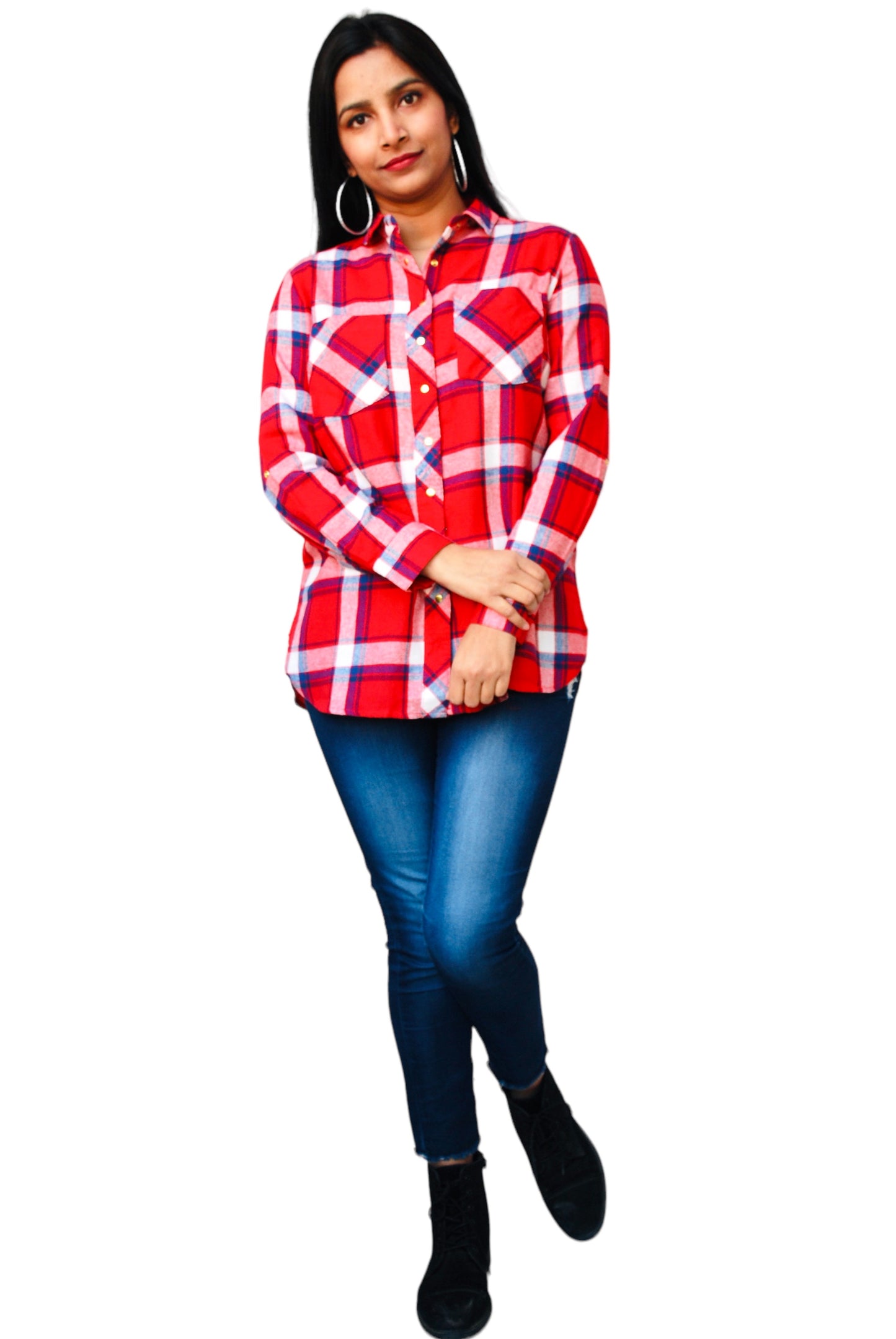 Women Regular Fit Checkered Button Down Collar Red Color Casual Shirt