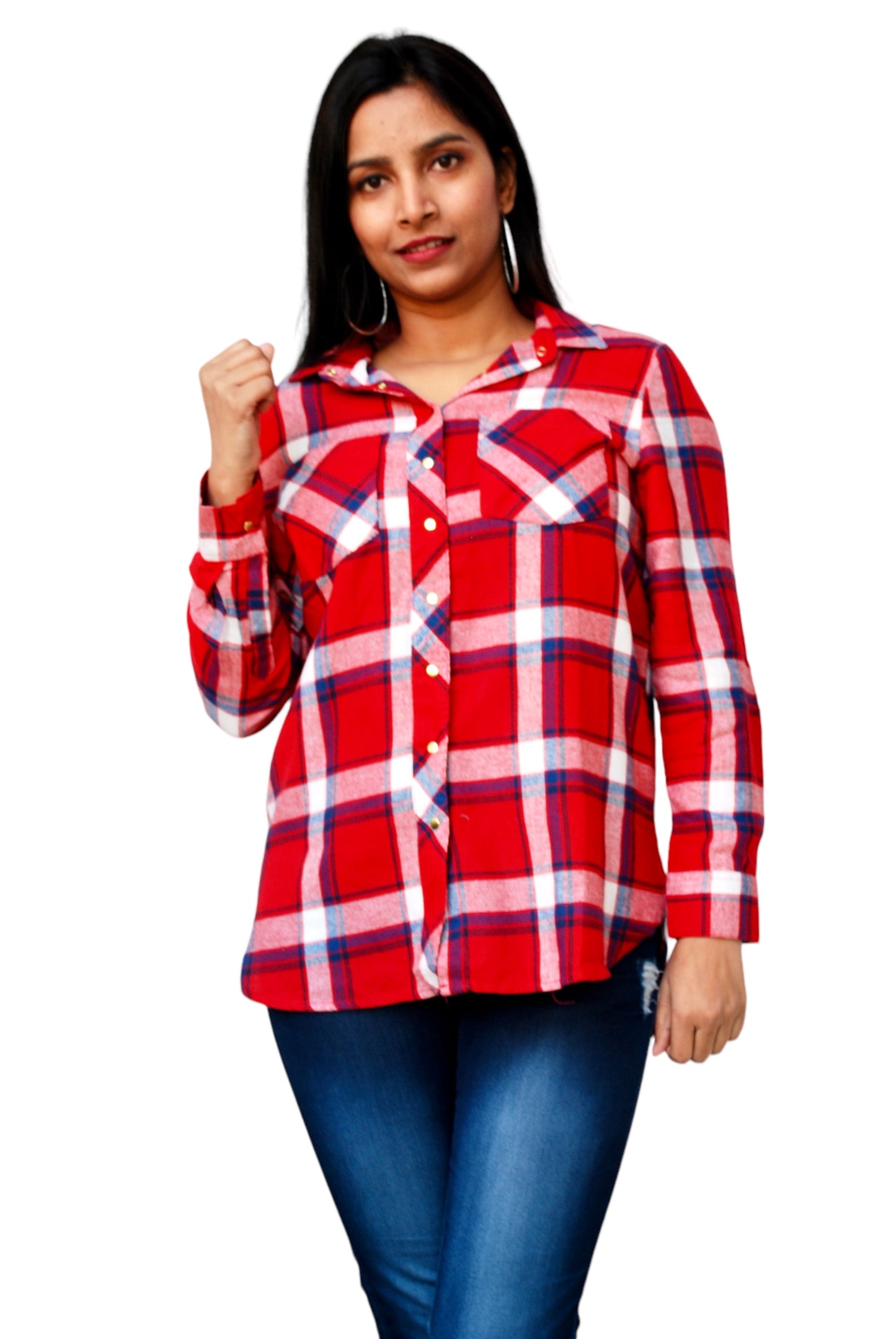 Women Regular Fit Checkered Button Down Collar Red Color Casual Shirt