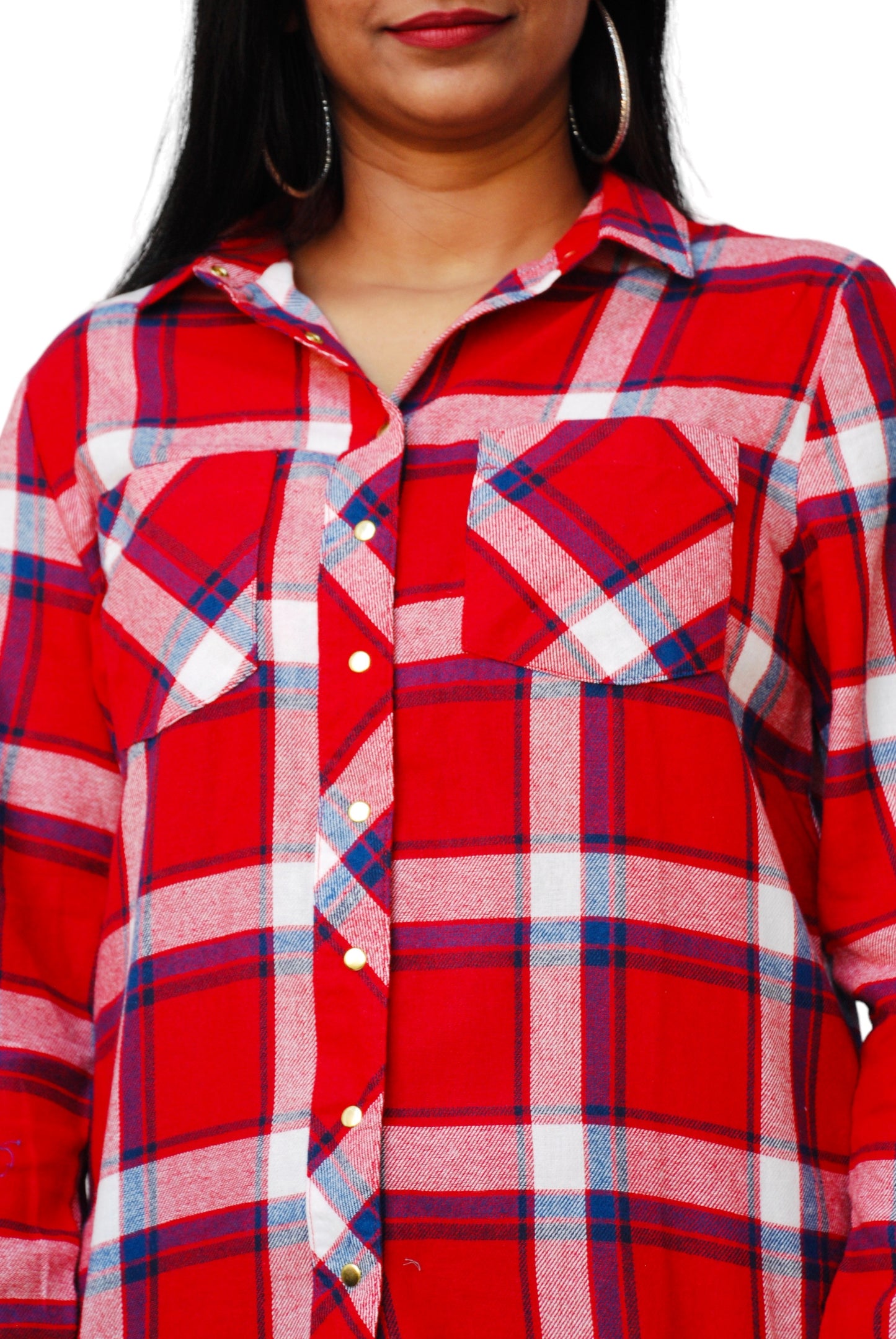 Women Regular Fit Checkered Button Down Collar Red Color Casual Shirt