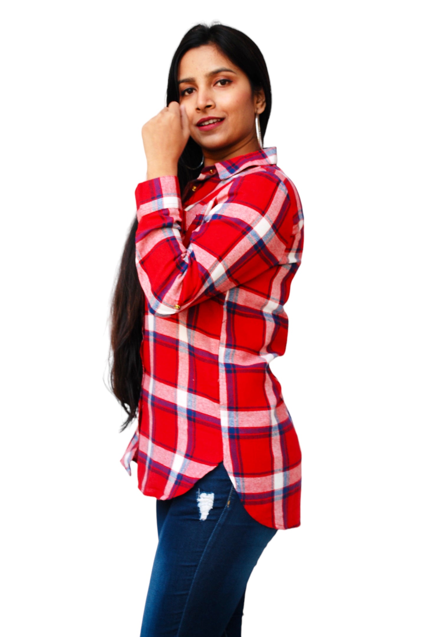 Women Regular Fit Checkered Button Down Collar Red Color Casual Shirt