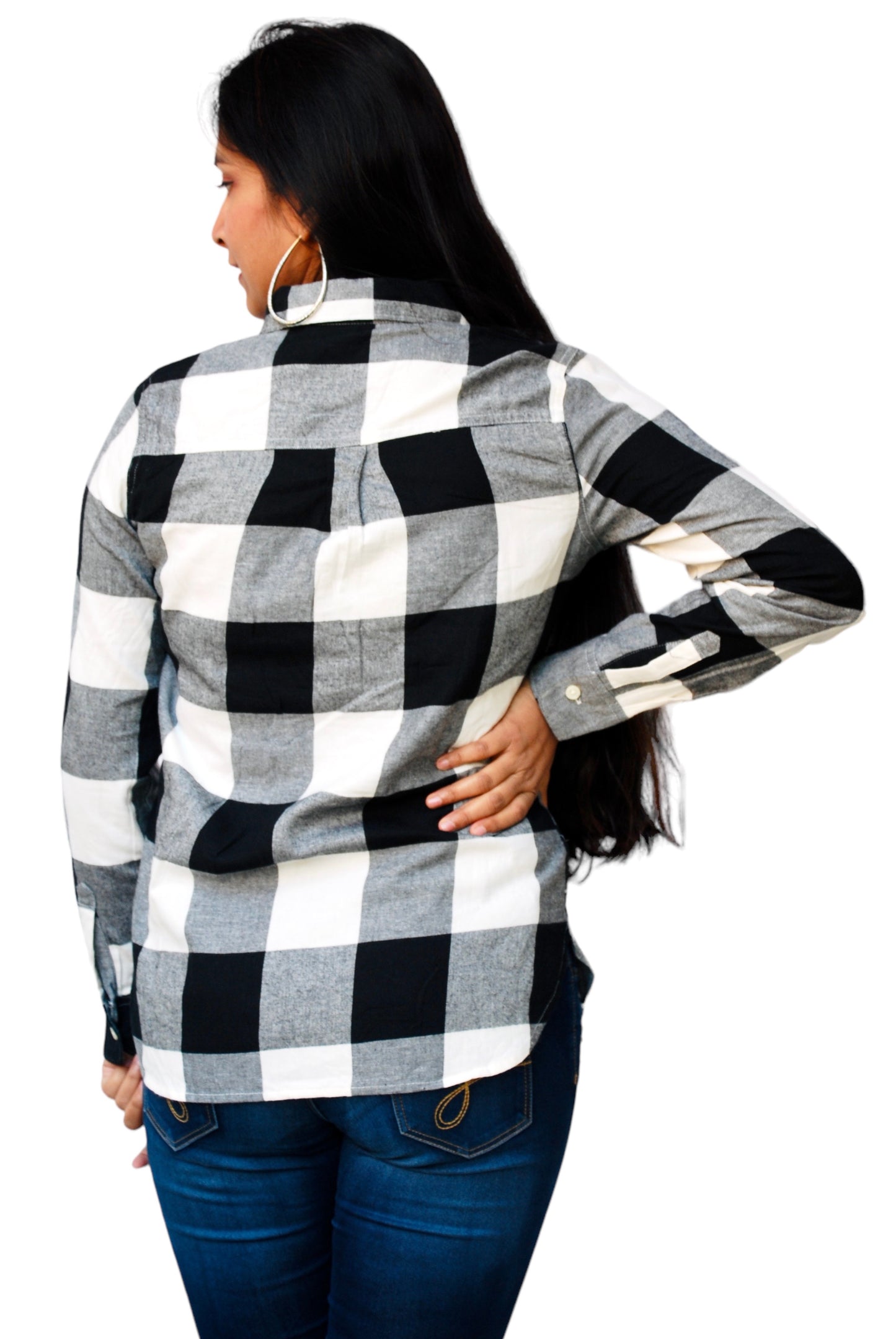 Women Regular Fit Checkered Button Down Collar Black And White Casual Shirt