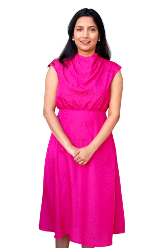 Women Fuchsia Pink Polka dot Design Cowl Neck Midi Dress