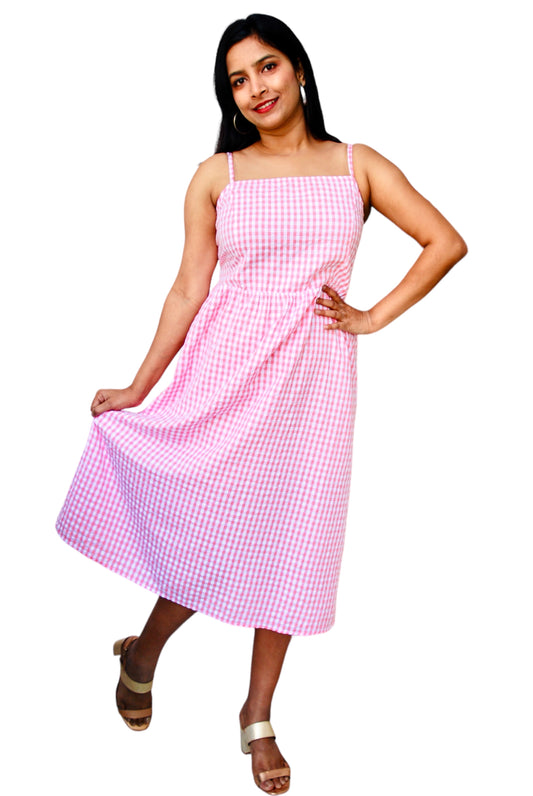 Women Pink Color Gingham Check Cami Dress