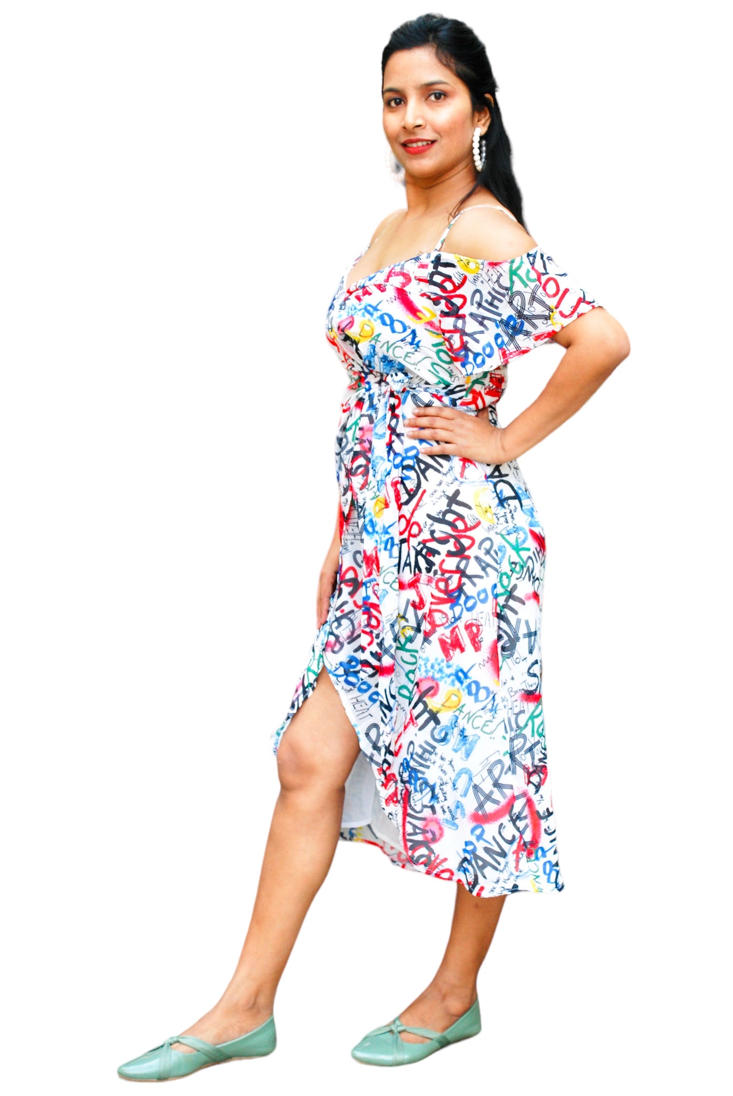 Women Printed Cold Shoulder Wrap Midi Dress