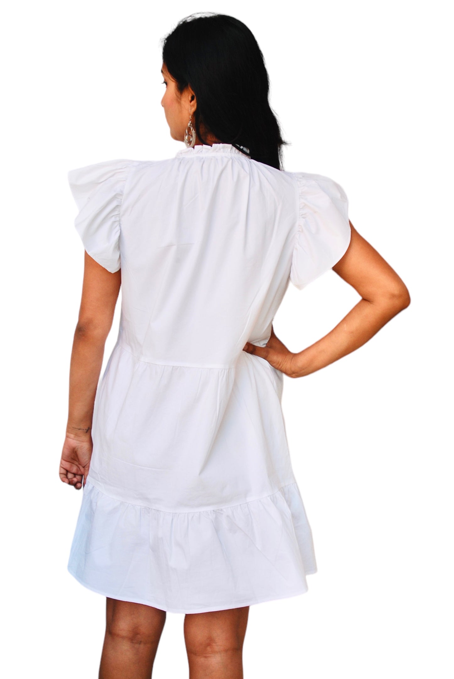 Women White Color Keyhole Neck Tiered Short Dress