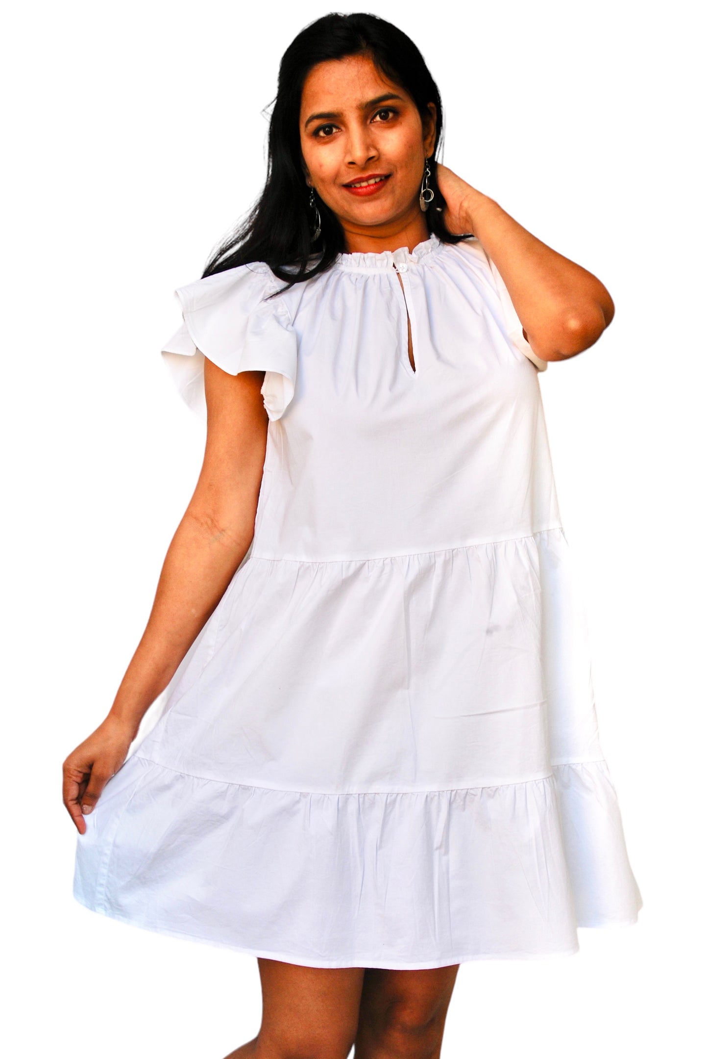 Women White Color Keyhole Neck Tiered Short Dress