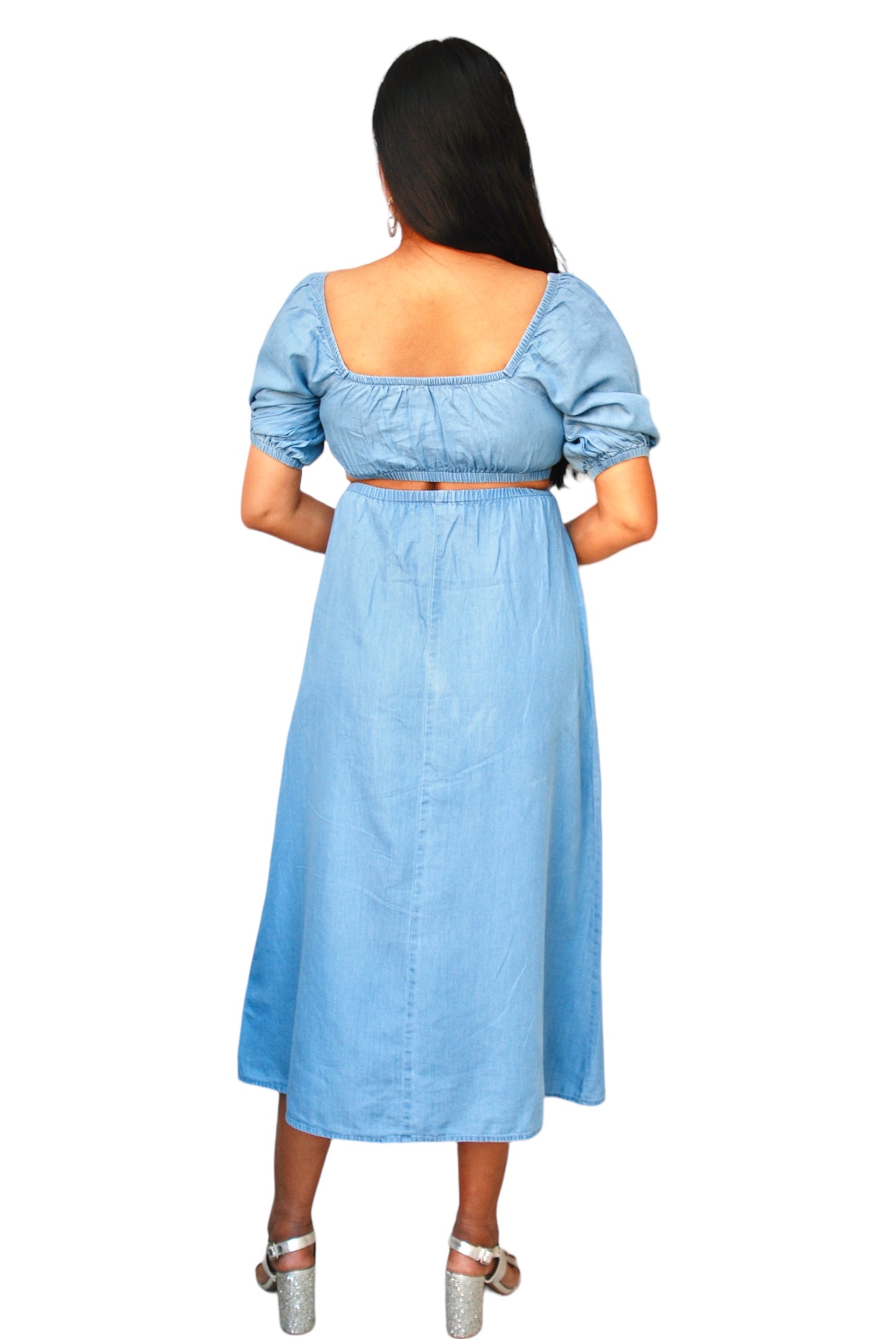 Women Washed Denim Cut Out Blue Dress