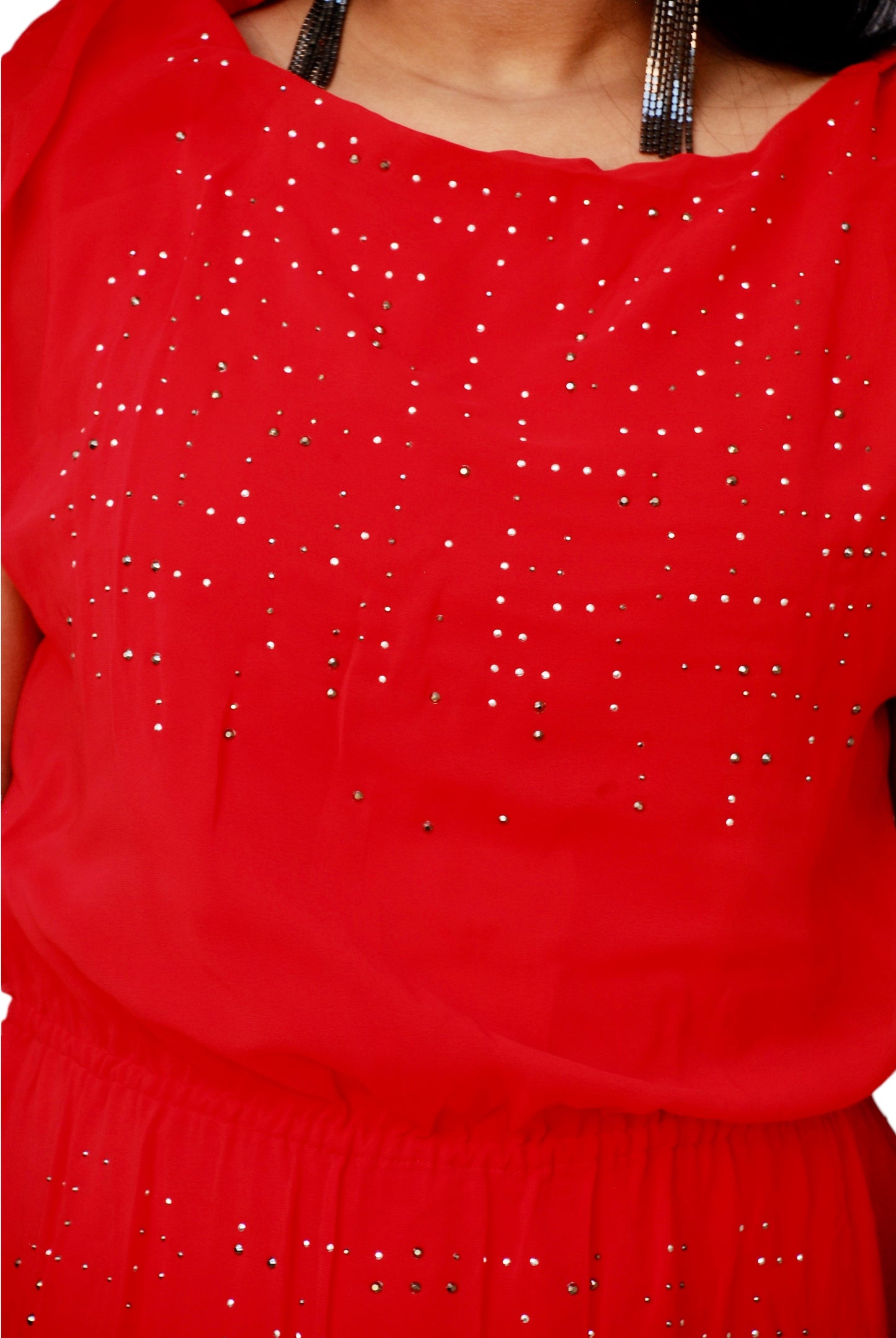 Women Red Color Rhinestone Embellished Dress