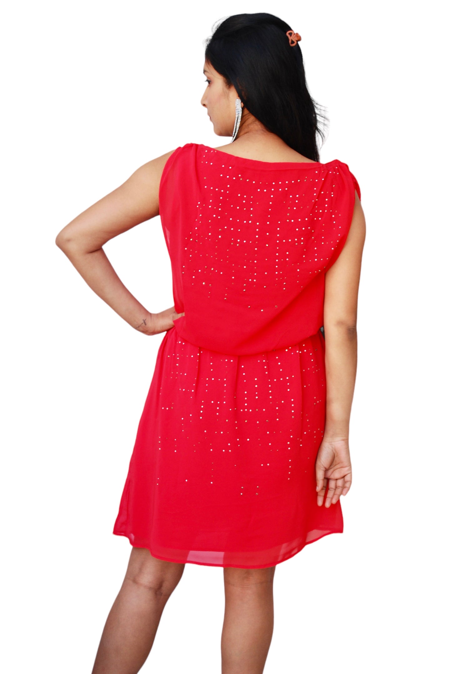 Women Red Color Rhinestone Embellished Dress