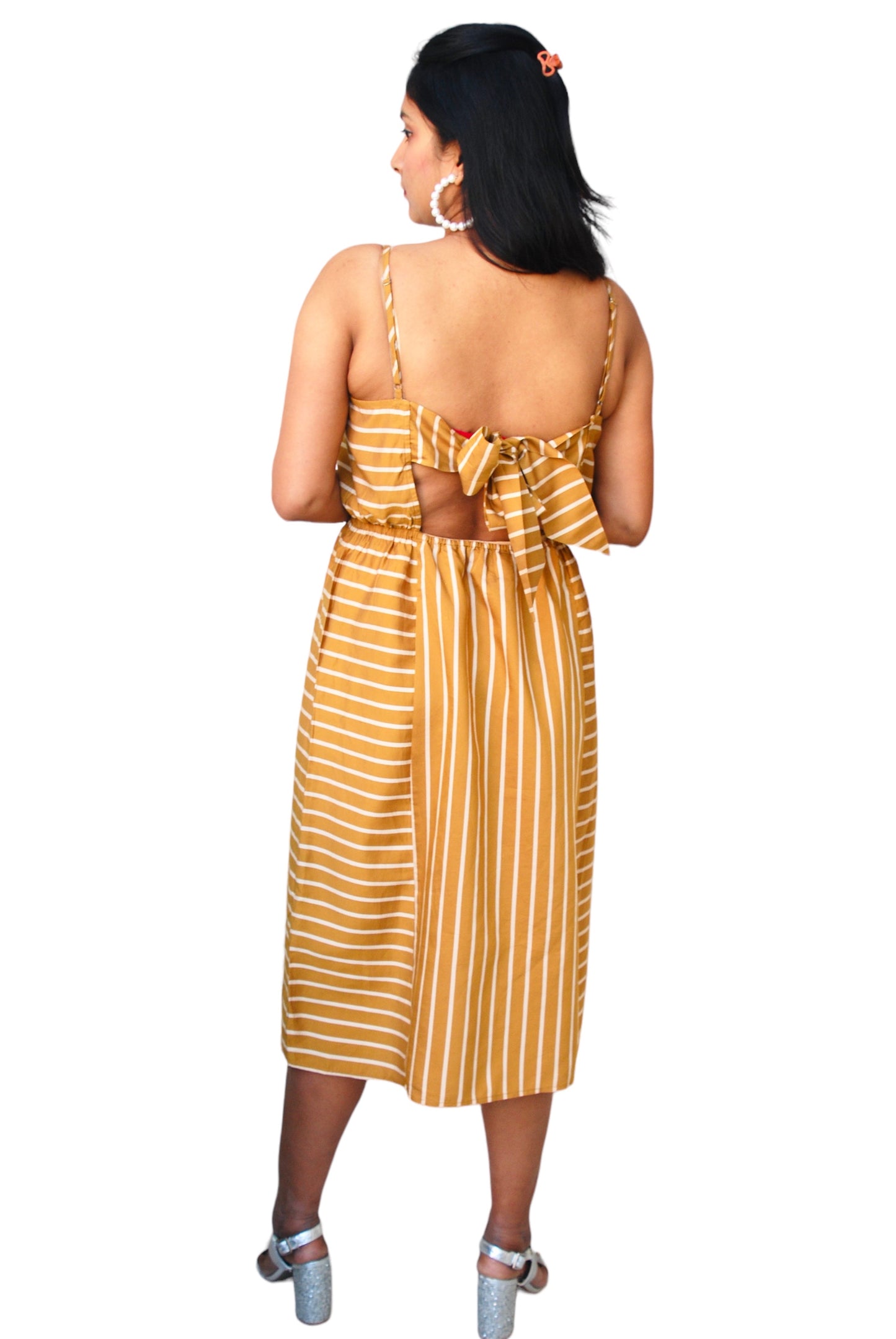 Women Mustard Yellow Color Back Tie-Up Striped Dress