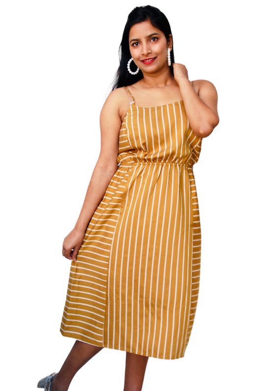 Women Mustard Yellow Color Back Tie-Up Striped Dress