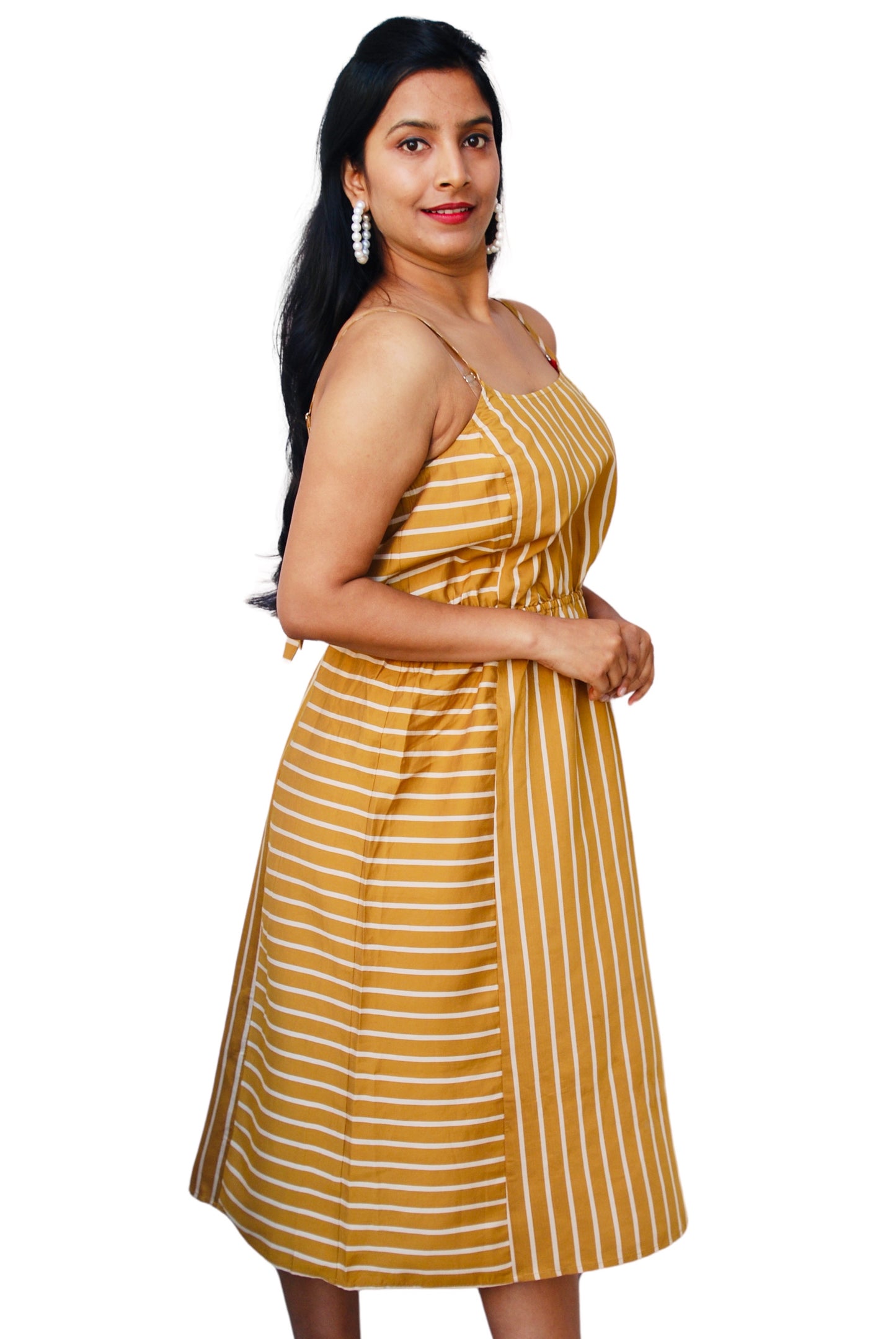 Women Mustard Yellow Color Back Tie-Up Striped Dress