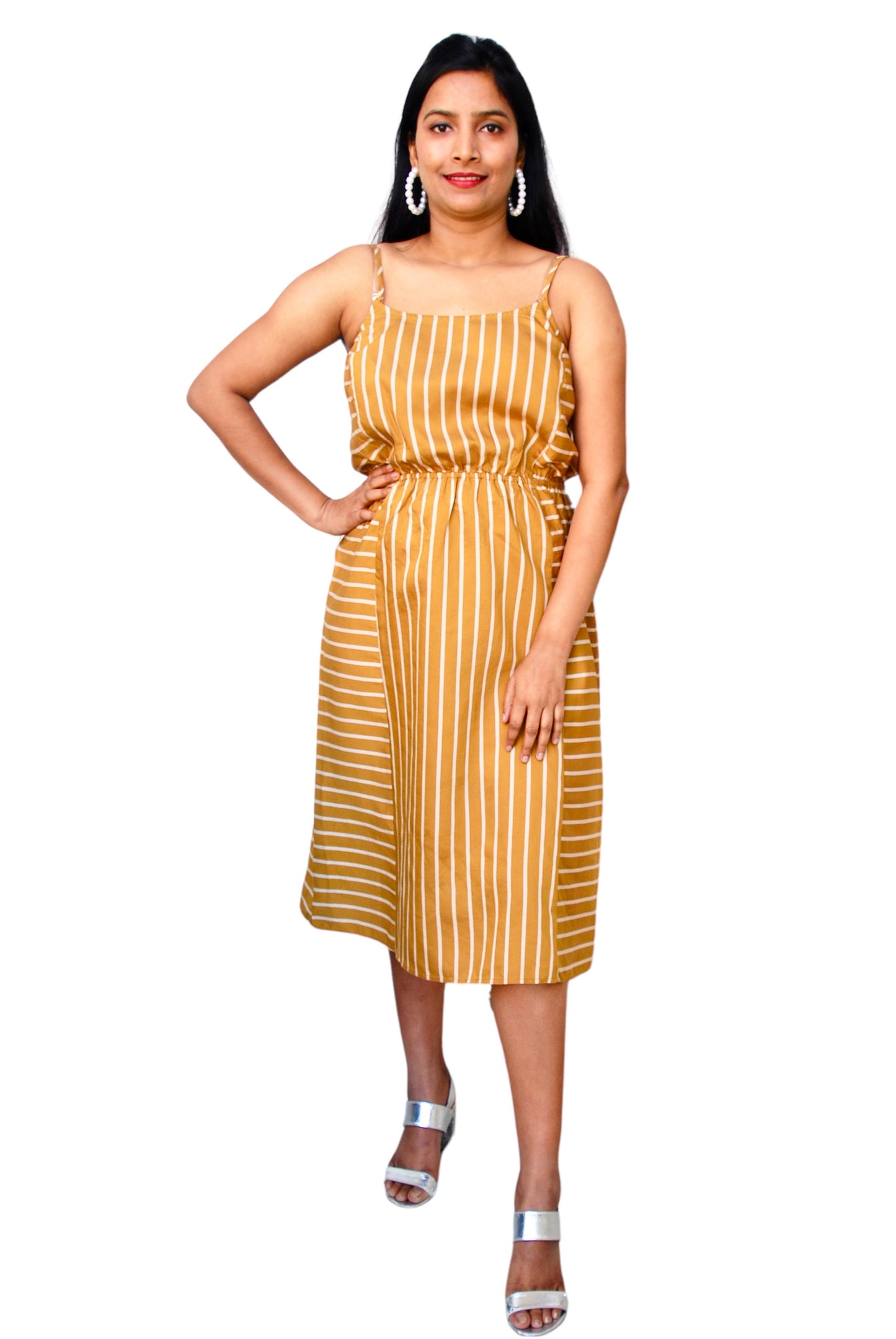 Women Mustard Yellow Color Back Tie-Up Striped Dress