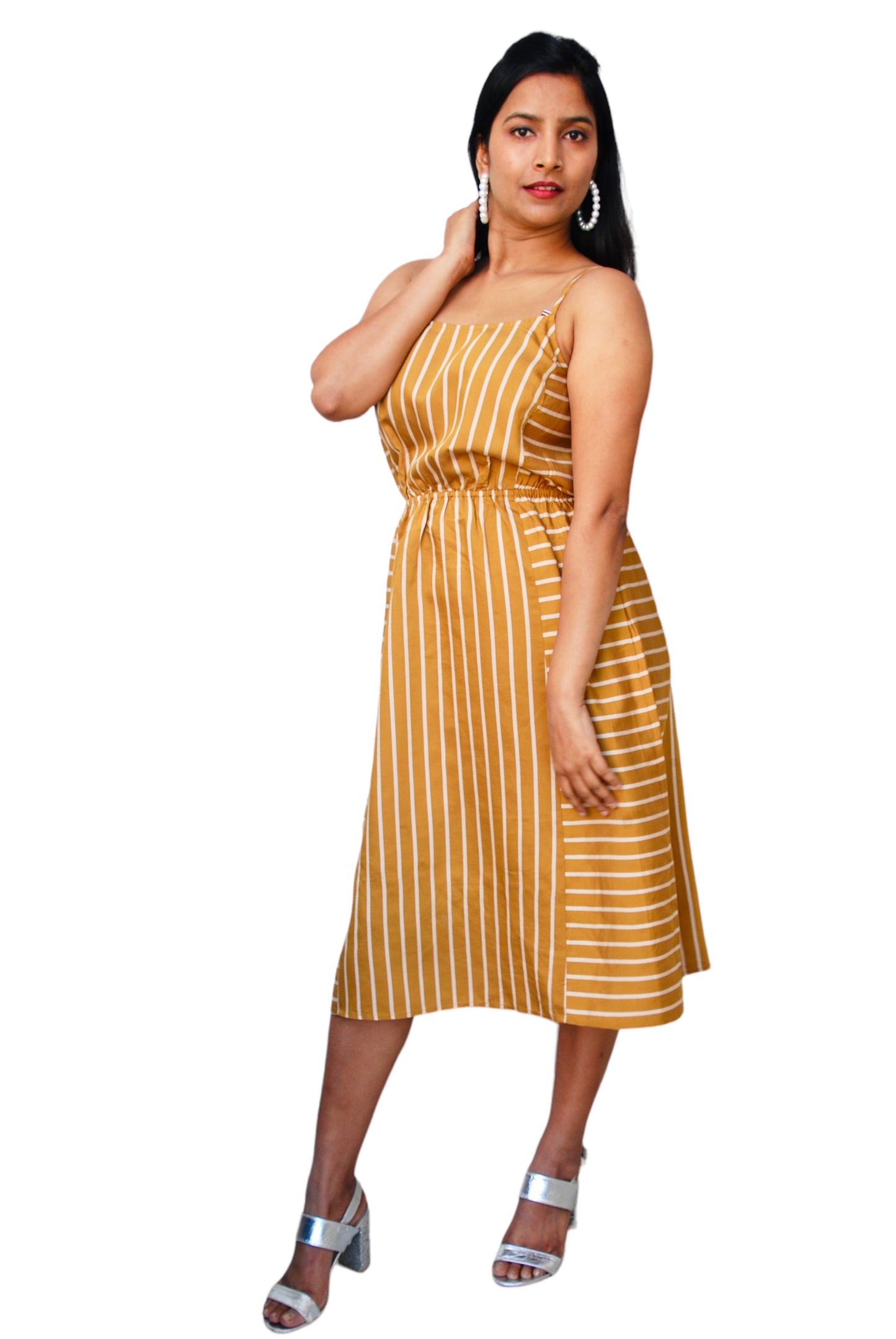 Women Mustard Yellow Color Back Tie-Up Striped Dress