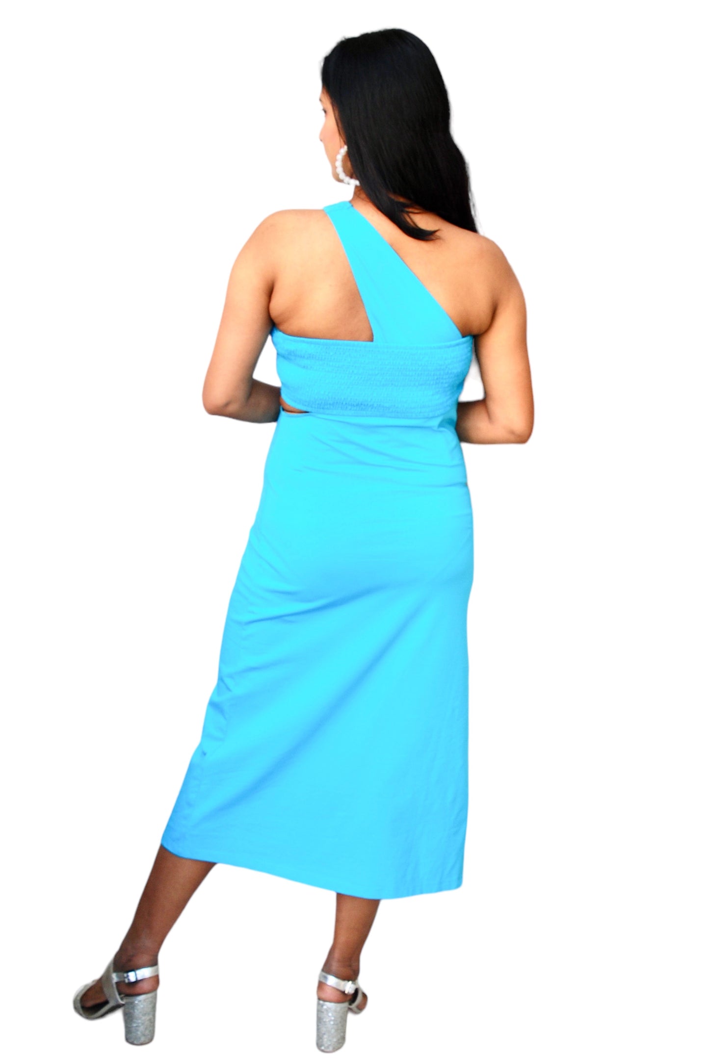 Women Sky Blue Color Waist Cut-Out Design Slit Dress