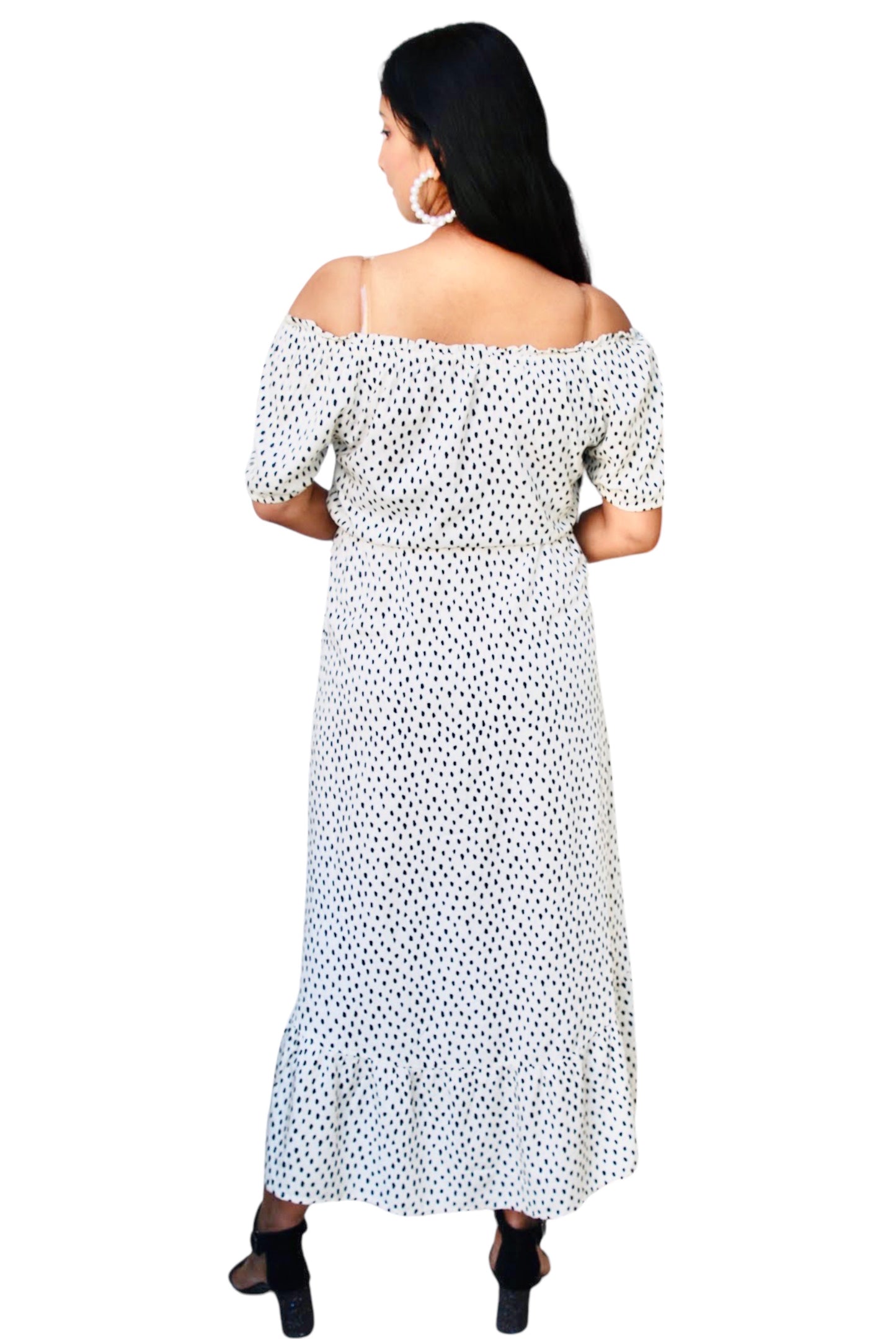 Women Polka Dot Off-Shoulder High -Low Hem Dress