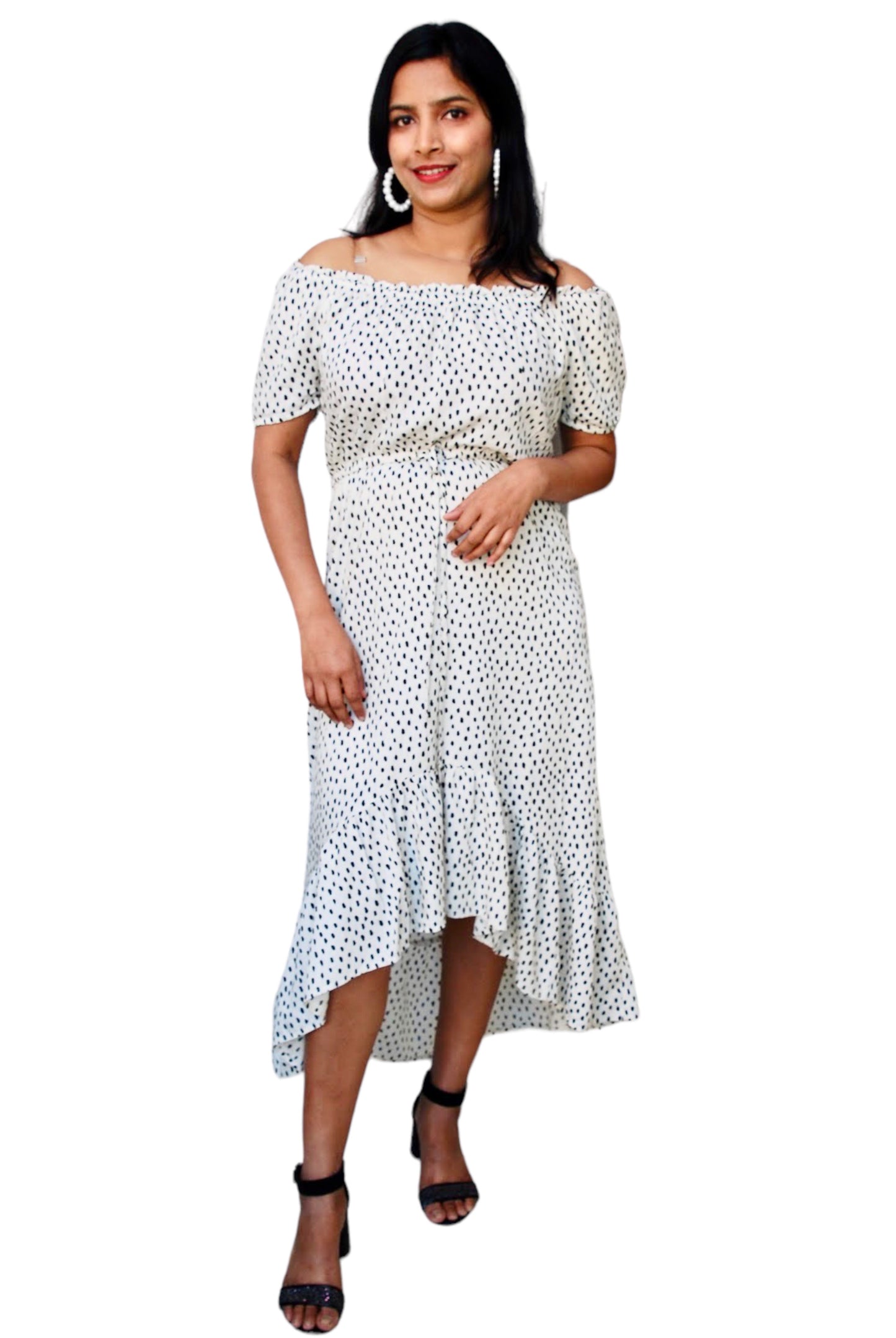 Women Polka Dot Off-Shoulder High -Low Hem Dress