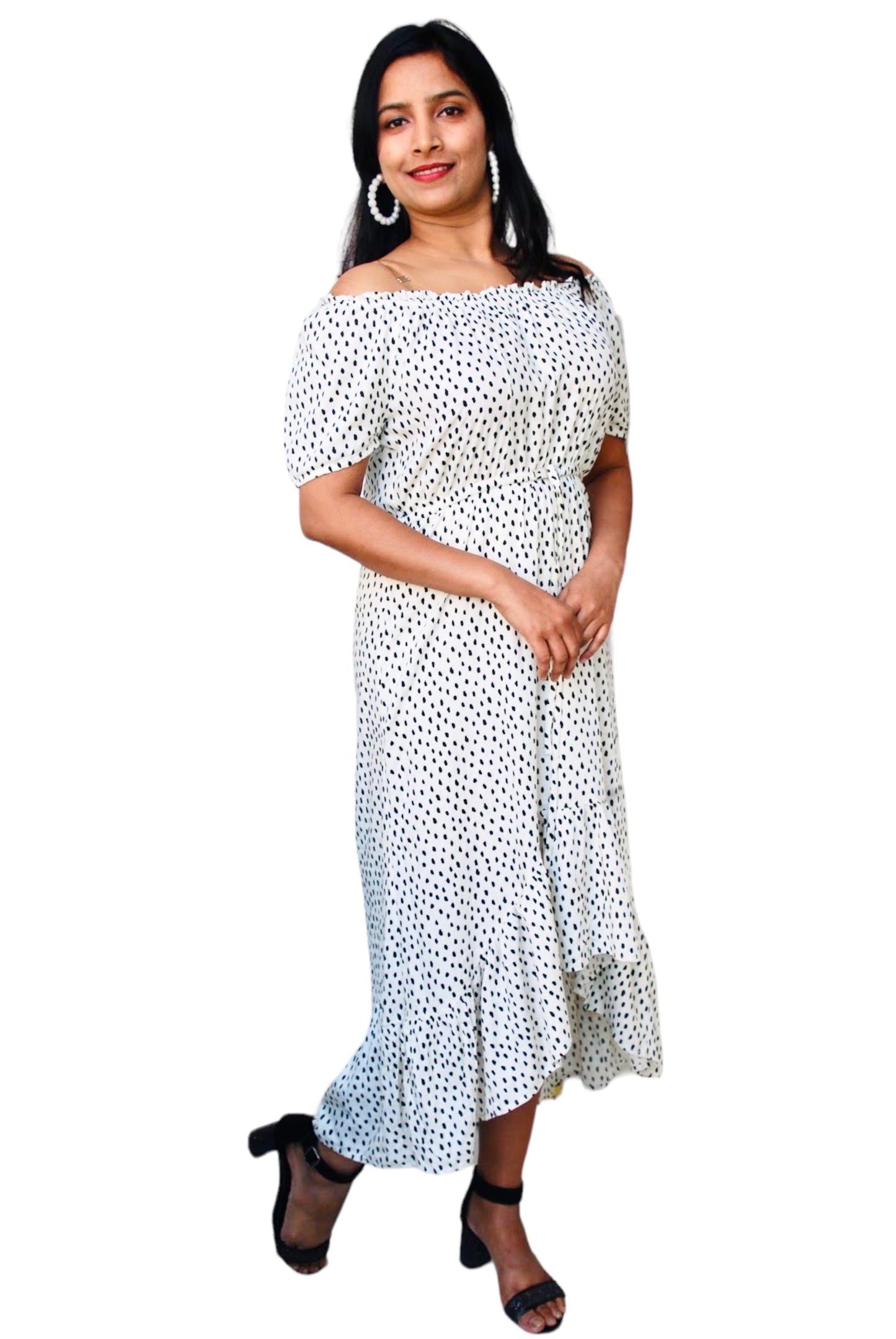 Women Polka Dot Off-Shoulder High -Low Hem Dress