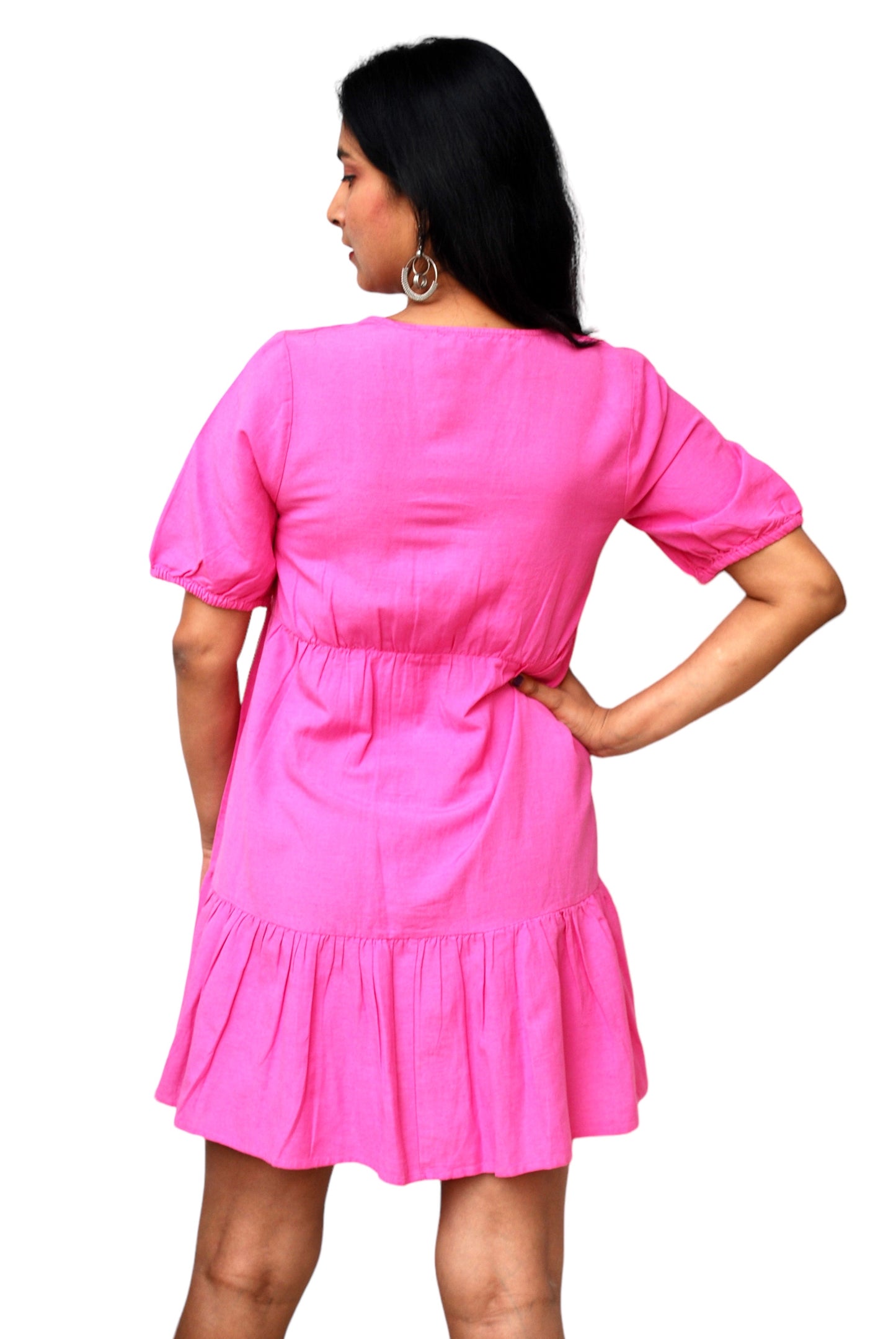 Women Pink Color Cotton-Linen Fabric A-Line Summer Dress