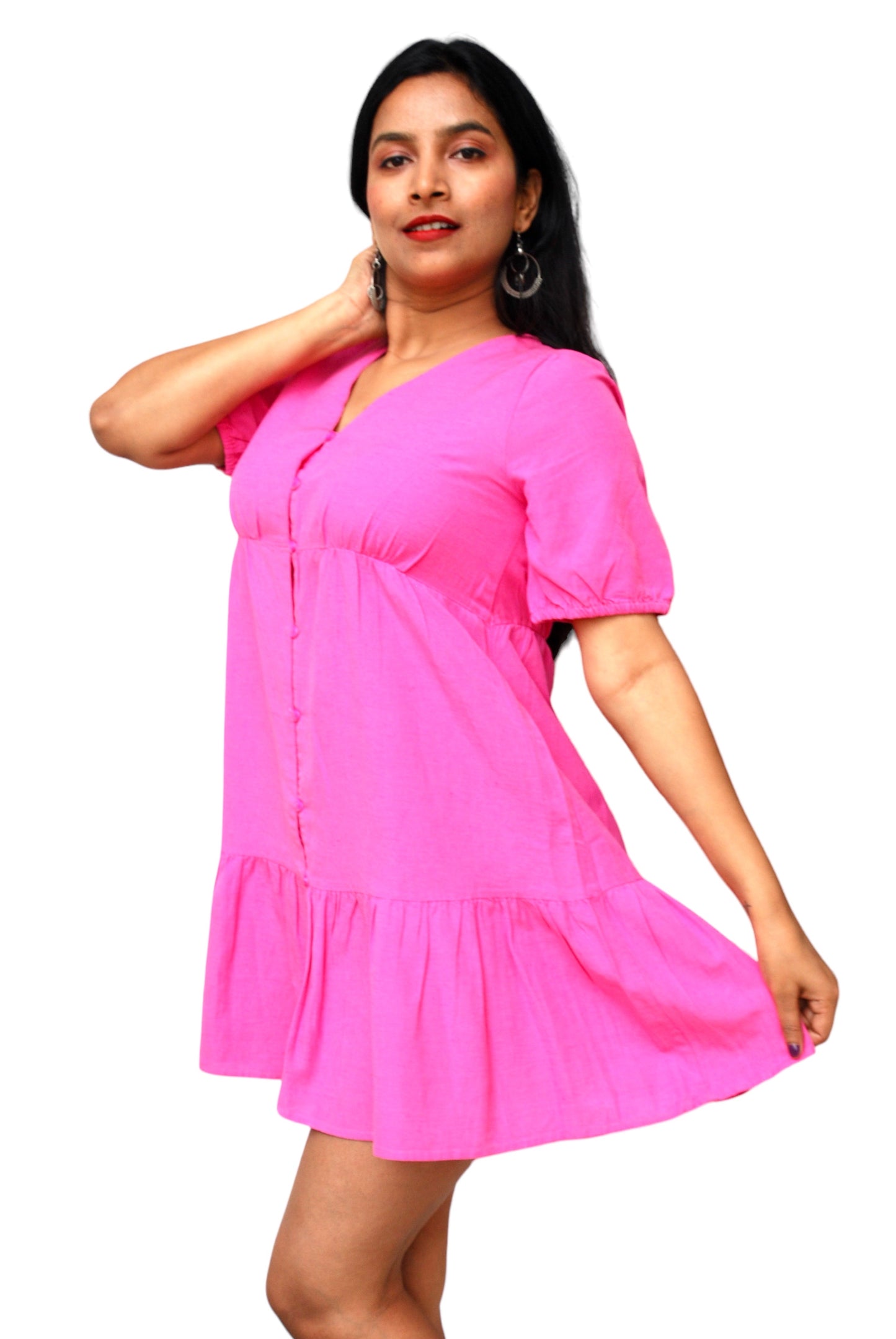 Women Pink Color Cotton-Linen Fabric A-Line Summer Dress