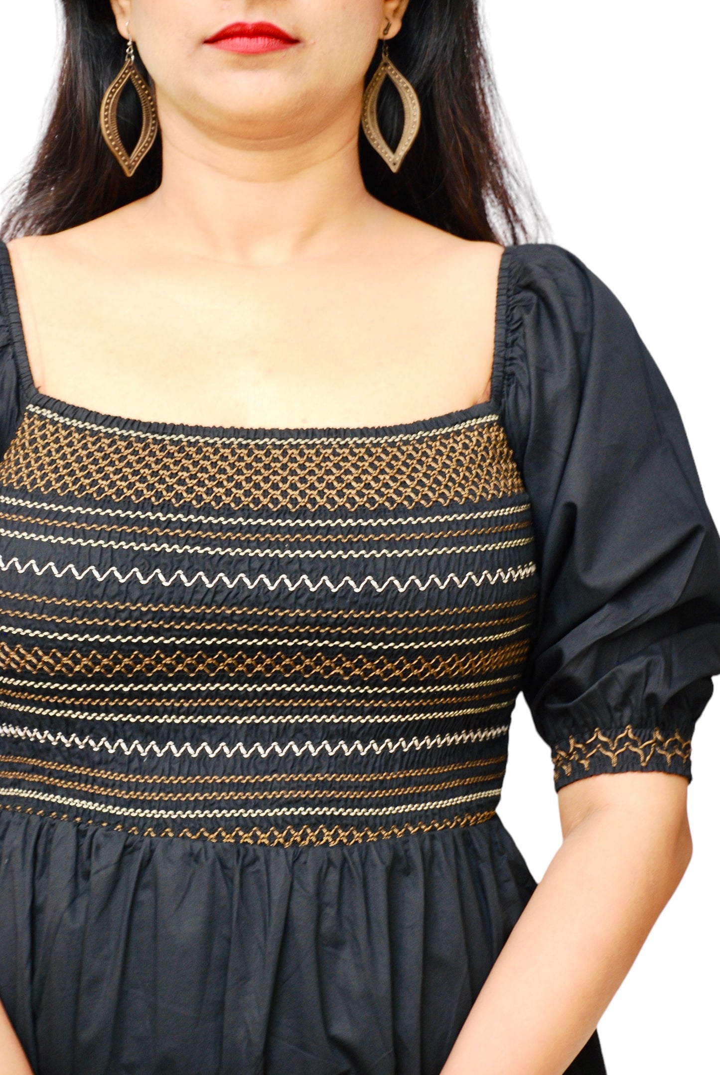 Women Black Color Embroidered Off-Shoulder Midi Dress