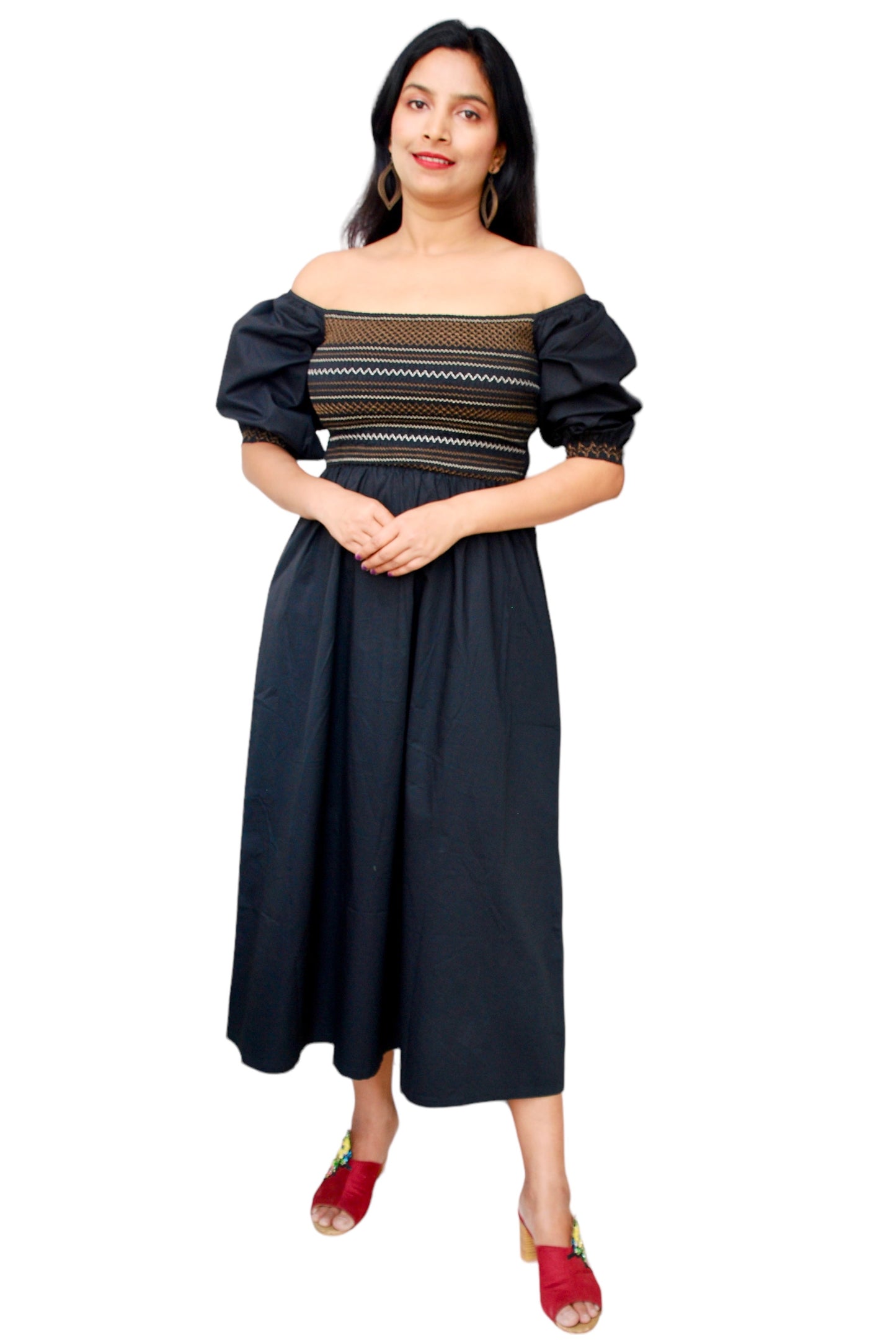 Women Black Color Embroidered Off-Shoulder Midi Dress